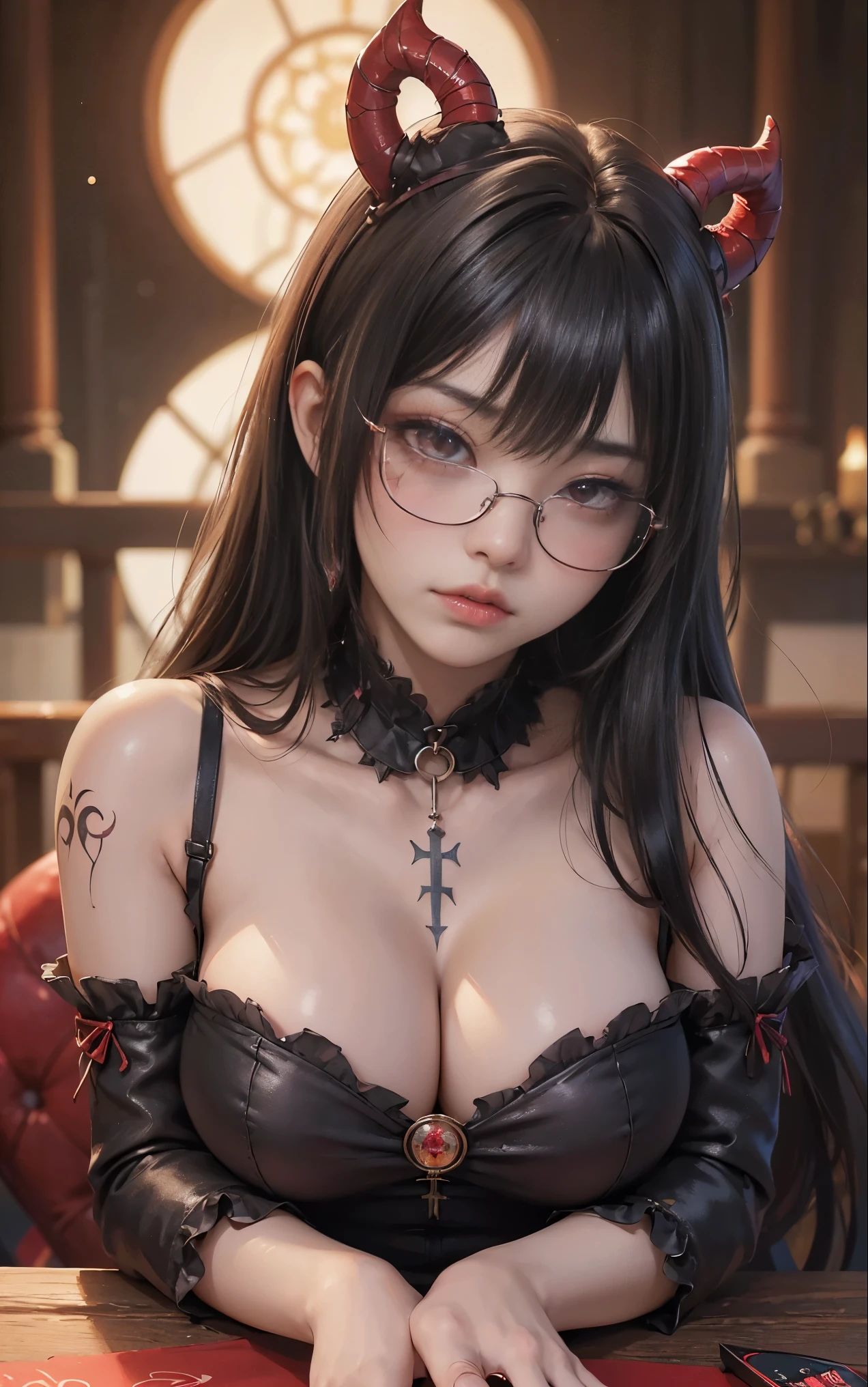 Are you okayですかですか、(best illustrations)、8k UHD resolution、intricate details、highest quality、realistic、Super detailed、best lighting、best shadows、soft lighting、Ultra HD、超realistic、Tyndall effect、Photoreal、(high detail skin:1.2)、 (intricate details, compensate, face to face with the ren_v1:0.5), (Are you okay, beautiful and delicate face, Are you okayですか, beautiful and delicate eyes, perfectly proportioned face, high resolution skins, fine skin, Optimal ratio of 4 fingers and 1 thumb, arm under chest, red tattoo on lower abdomen、Wow wow, wide hips, smooth abdomen, thin and thin skin, __fashion__, __hair__:1.25)、Digital single-lens reflex camera、 absurd、(table top: 1.3), (maximum resolution: 1.2), (Ultra HDTV: 1.2), cinematic light, fine eyes and skin, detailed facial features, , (sharp focus: 1.2), (focus on the face:1.2),perfect style, beautiful face, acura, anatomically correct, Highly detailed face and skin texture, fine eyes, double eyelid, thin eyebrows, glitter eyeliner: 1 natural cheeks, Glossy skin, Fair skin: 1.2, (glossy lips: 1.4),(embarrassed look: 1.2),Highly detailed face and skin texture, fine eyes, double eyelid, natural cheeks, glossy lips: 1.4,exposed cleavtching。Charm、 Beautiful devil woman from hell, Surreal female portraits by David Hockney and Alphonse Mucha, Charm女性の肖像画、fantasy art, Chinese humanoid、chinese actress、dungeon、dragon、devil'palace of、devil'torture chamber、night、dark style 、in the dark、(detailed spooky background:0.8), magic、 1 girl、evil nun、dark necromancer、Succubus、devil'Daughter of、Shinonome Umi、bat wings,(((devil'horn)))、 ((((giant glasses, otaku glasses, thick glasses, round glasses)))),(((big breasts))9;tail of)、(red eyesは光り輝いて:1.6)、red eyesは非常に鮮明で詳細です, Your eyes are made up so beautifully, ((red eyes:1.0)),intricate tattoo, demonic intricate tattoo, tattoo on thigh, body tattoo, masterpiece、最もbeautiful face、baby face、cute smile、beautiful plump red lips、筋肉のCharm体、devilのCharm体、devil style、Charmブラックマジックコスチューム、The long-haired、Braid、Black hair、Ponytail distortion、, Ponytail with a bow tied at the back of the hair, beautiful expression、body up、big breasts強調、bust, supest, Breast augmentation surgery, Breastvery big and round,tight waisass、 private key, cowboy lens, (black phoenix dr: 1.0), devil crown, red sparkling gemstone necklace、Jewelry G Wise, Please wear black mesh socks,Wearing light red、nffsw, nffsw, meet beautiful girls, look at the girl'body of,