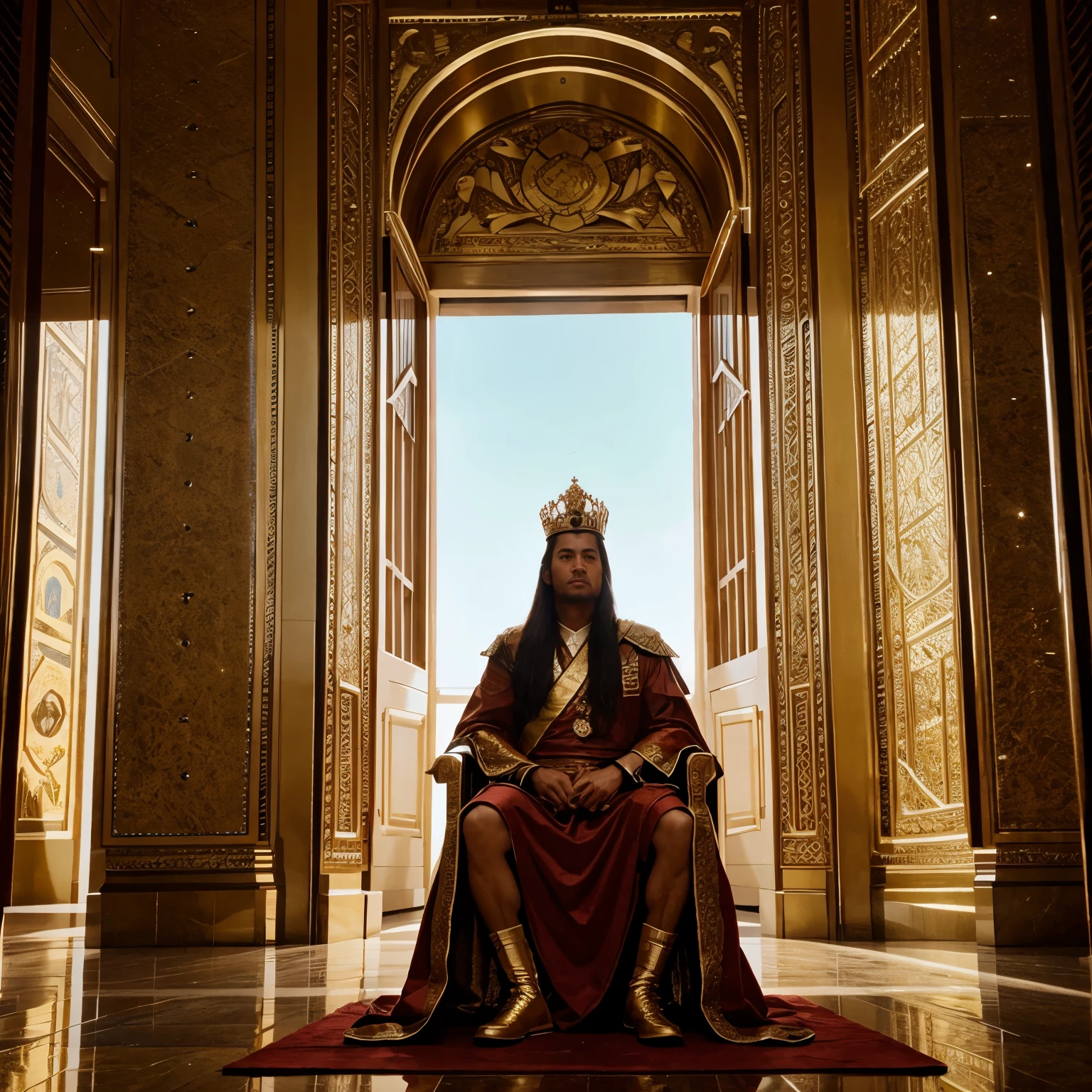 Draw a majestic scene where the king is sitting on his throne, in front of the imposing Royal Palace of Babylon. He is adorned with royal robes and a golden crown, enquanto olha com autoridade para o horizonte. Ao redor do trono, represent the royal guards in a position of respect and loyalty.