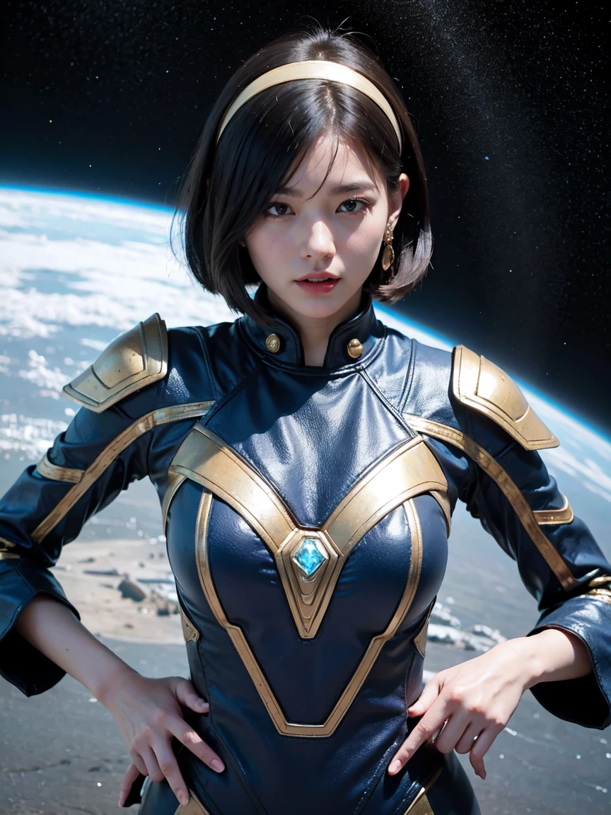 (RAW photo, highest quality), (realistic, Photoreal:1.3), 1 girl, bob cut、earrings、glowing headband、realisticbody,old space costume、ancient japan、Ancient rituals、Pyramid-shaped spacecraft flying from space、Laser light flying around、