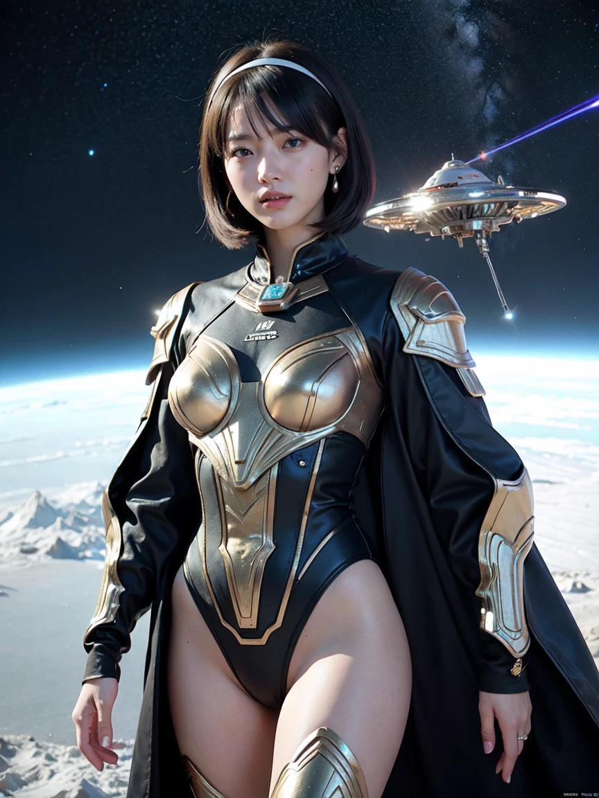 (RAW photo, highest quality), (realistic, Photoreal:1.3), 1 girl, bob cut、earrings、glowing headband、realisticbody,old space costume、ancient japan、Ancient rituals、Pyramid-shaped spacecraft flying from space、Laser light flying around、