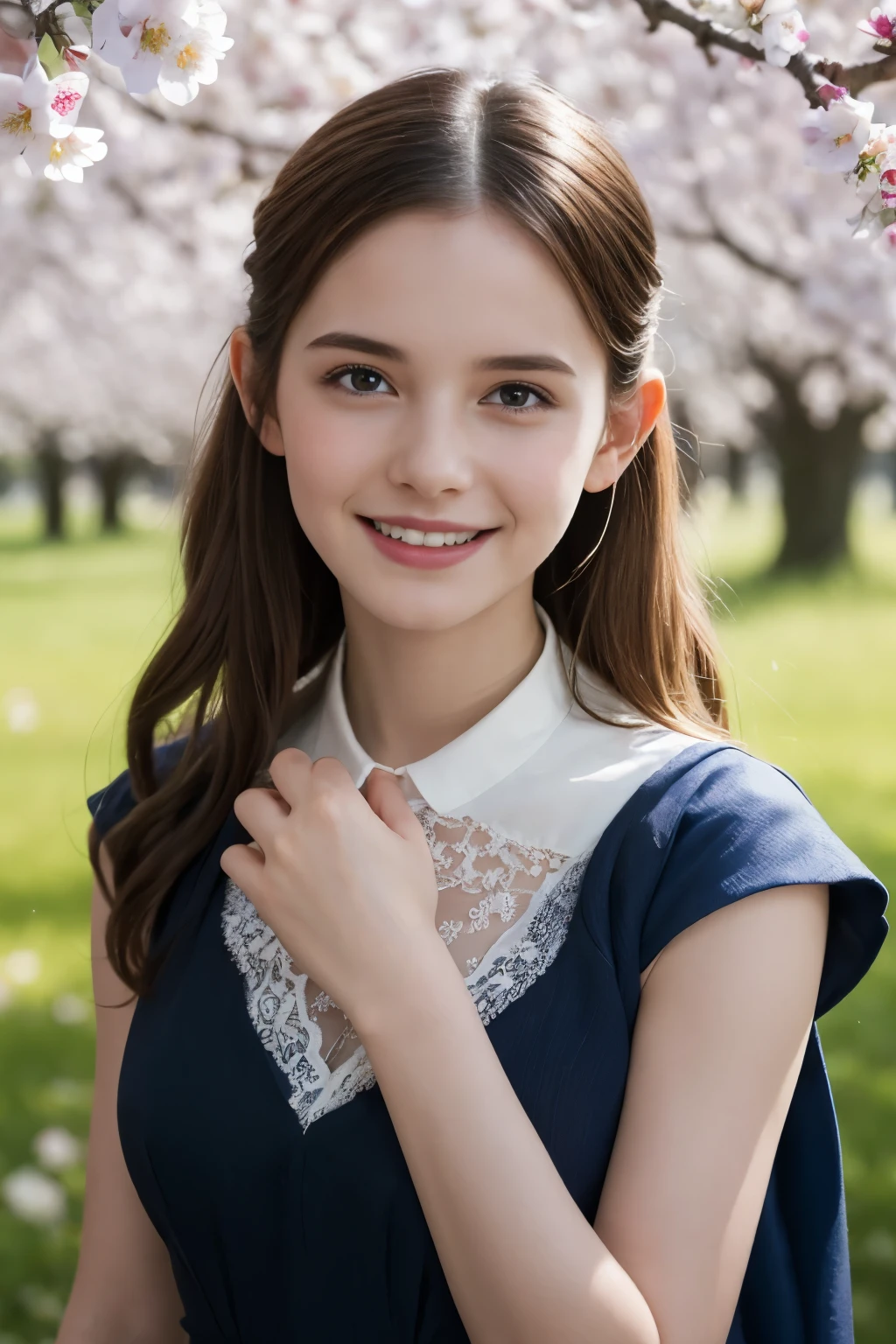 Masterpiece, Best quality, 8k, 18 ans, Photo brute, absurdes, Award-winning portrait, sourire, sourire, pure, french, elegant vibrant blue dress, spring, orchard in bloom, laces, lord of the rings
