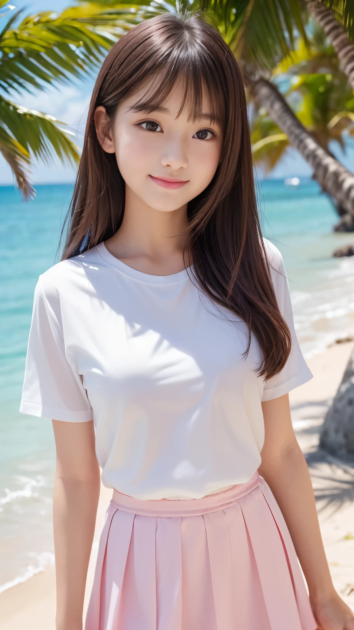 cute face girl、((baby face))、Glossy beautiful skin、((red contact eyes))、Beautiful super long shiny dark brown hair、Bangs swaying in front of the face、Sexy (((17 years old)).Little beautiful girl、small face beauty、baby face、ultimate beauty、(white short sleeve shirt:1.4、Blitzskirt)、Transparent nipple shape、Medium chest、white and beautiful skin、Gloss teak、A girl who wants to watch anime、smile、Pale pink lips、small lips、Ocean、beach、