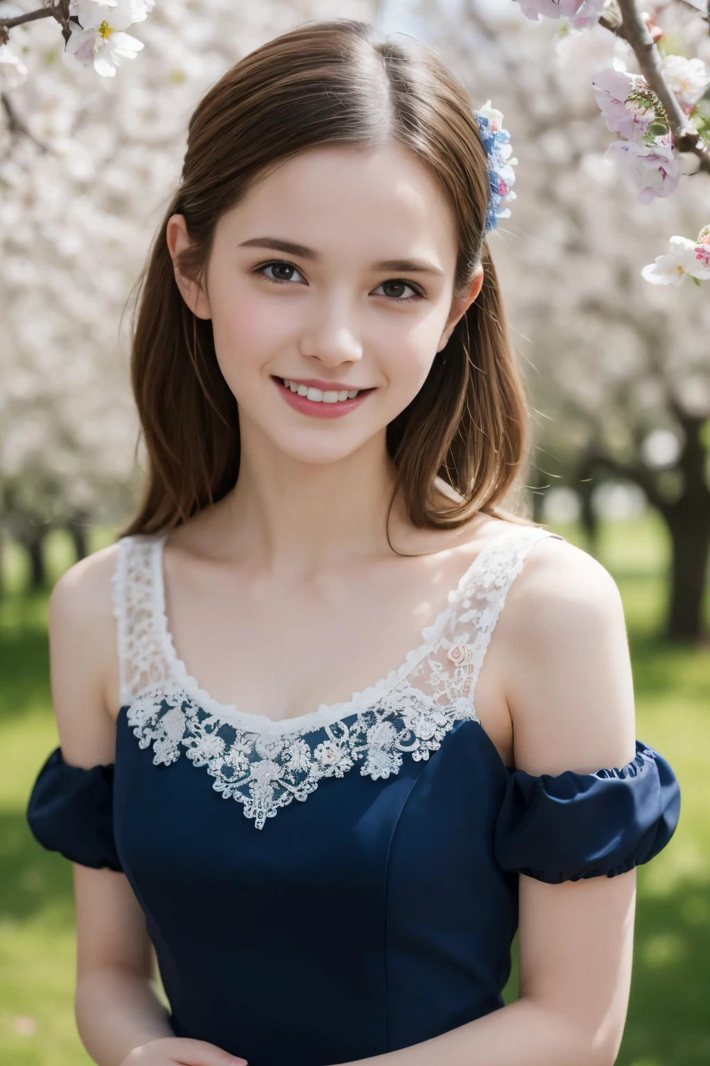 Masterpiece, Best quality, 8k, 18 ans, Photo brute, absurdes, Award-winning portrait, sourire, sourire, pure, french, elegant vibrant blue dress, spring, orchard in bloom, laces, Shakespeare