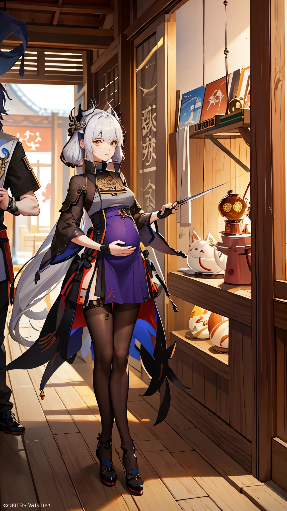 a woman in a dress holding a dagger and a dagger, video game character, from arknights, fox nobushi holding a dagger, hajime yatate, keqing from genshin impact, random haired deity, with small sword, ayaka genshin impact, female action anime girl, official character art, anime character, pregnant anime girl, fetus, random hair color, pregnant belly