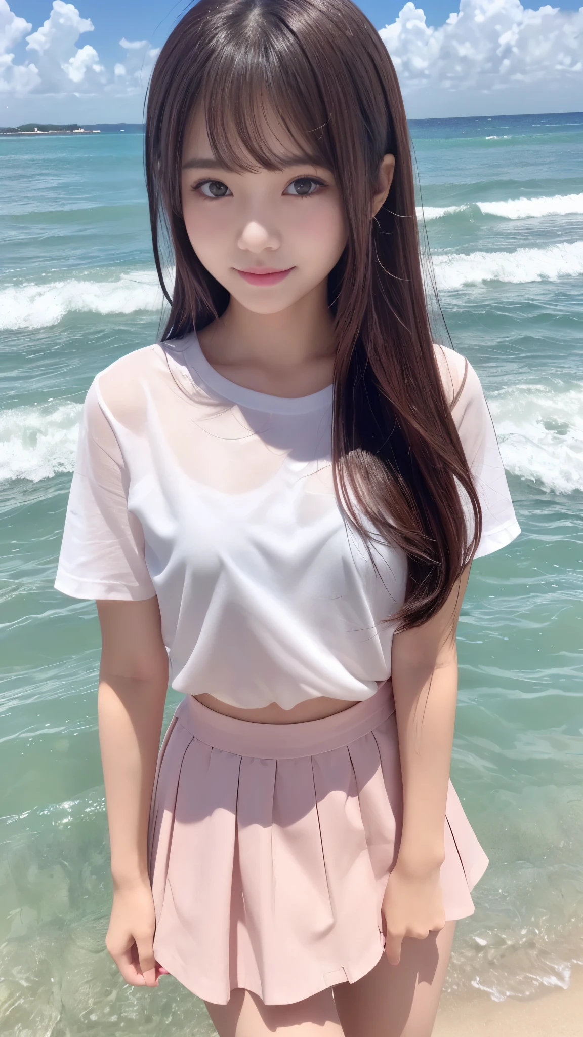 1 pretty girl，white skinned，brown  hair，looking at viewer, beautiful small chest, France, pony tail, happy smile, sports, swimming, walking, dynamic, blooming tree, beach, pink skirt, sexy pose