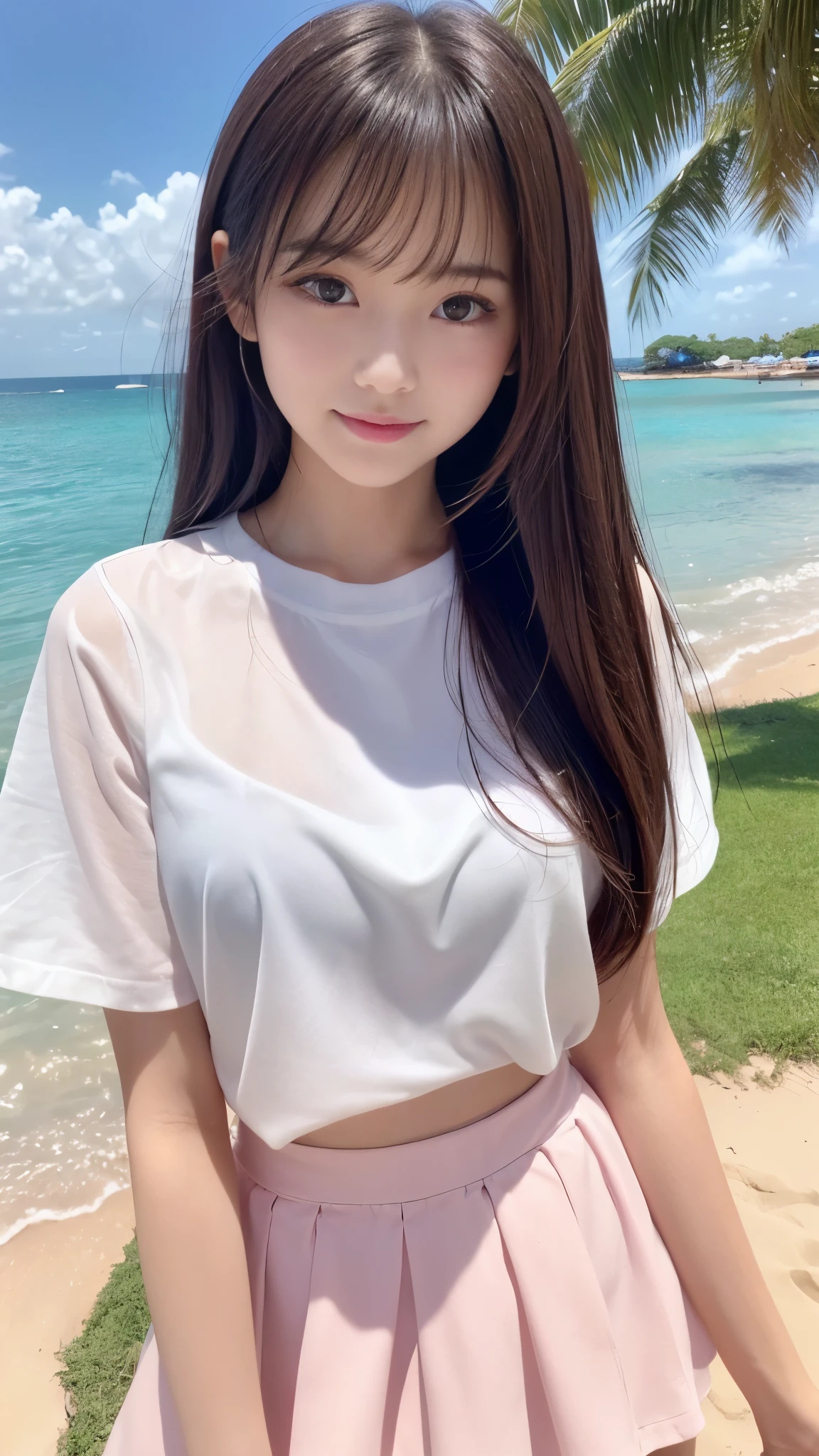 cute face girl、((baby face))、Glossy beautiful skin、((red contact eyes))、Beautiful super long shiny dark brown hair、Bangs swaying in front of the face、Sexy (((17 years old)).Little beautiful girl、small face beauty、baby face、ultimate beauty、(white short sleeve shirt、Blitzskirt)、Medium chest、white and beautiful skin、Gloss teak、A girl who wants to watch anime、smile、Pale pink lips、small lips、Ocean、beach、