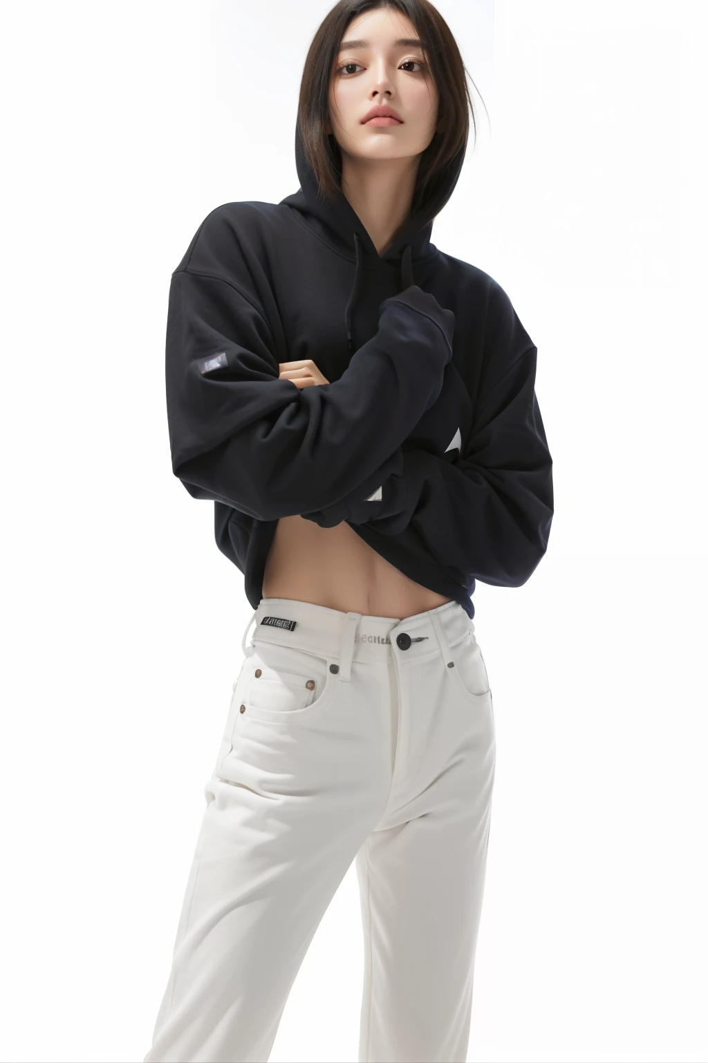 arafed woman con una sudadera con capucha negra and white jeans, vistiendo jeans y una sudadera con capucha negra, con una sudadera con capucha negra, en una sudadera con capucha, girl usando sudadera con capucha, usando una sudadera con capucha and sweatpants, usando una sudadera con capucha negra, usando sudadera con capucha, usando una sudadera con capucha, Calvin Klein, chaqueta sobre el torso desnudo, su ombligo esta expuesto, wearing an oversized hoodie
