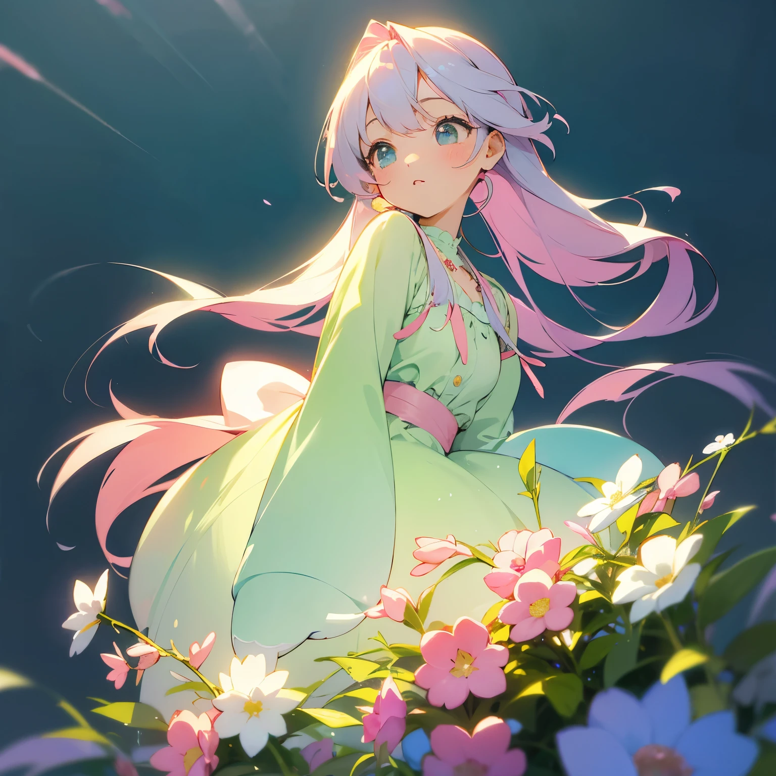 pastel color beauty、Beautiful girl in pastel colors、Spring is almost here、pastel colored spring flowers、pastel colored spring breeze、pastel colored spring berries、Surrounded by many spring flowers in pastel colors、Design images using wide-angle lens effects、The morning sun shines in