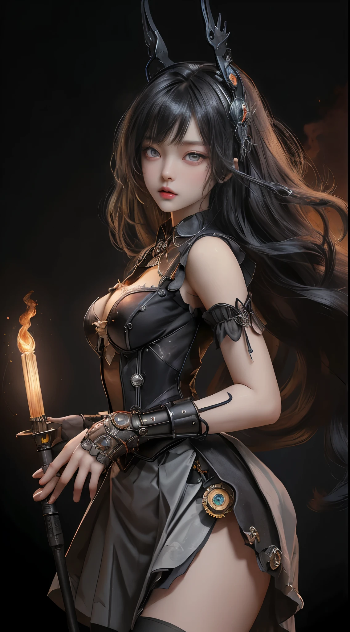 Mechanical doll magical girl, female, , very dynamic action pose, UHD, retina, masterpiece, anatomically correct, skin texture, super detailed, highly detailed, high quality, award winning, top quality, 16K, thick bangs, beautiful long black hair curled vertically and heavily disheveled in the wind, slit eyes, very large crescent-shaped eyes, very large dark gray eyes shining like jewels, long eyelashes, very thin little nose, very small mouth, very thin upper lip, light colored natural makeup, very slender and attractive body, (complex mechanical steampunk headgear, black lace flared skirt, complex mechanical overdecorated gothic lolita fashion combined with steampunk fashion), upturned small beautiful breasts, (exploding flames in the background). (complex mechanic factory, lots of gears, lots of piping, lightning filled space sky), create highly detailed and realistic images, (super detailed background), (dark mysterious: 1. 2),