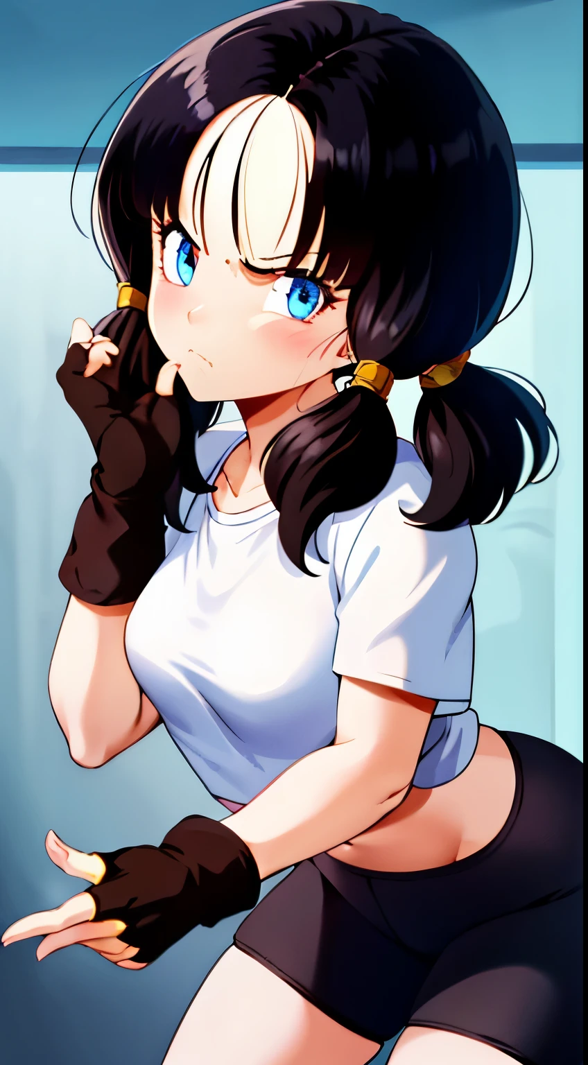 Saw 2, alone, blue eyes, black hair, twin tails, black gloves, bicycle_shorts, bangs, white shirt, badge,medium breasts, cowboy shot, frown, put your hand on your waist, leaning forward, point to the viewer,