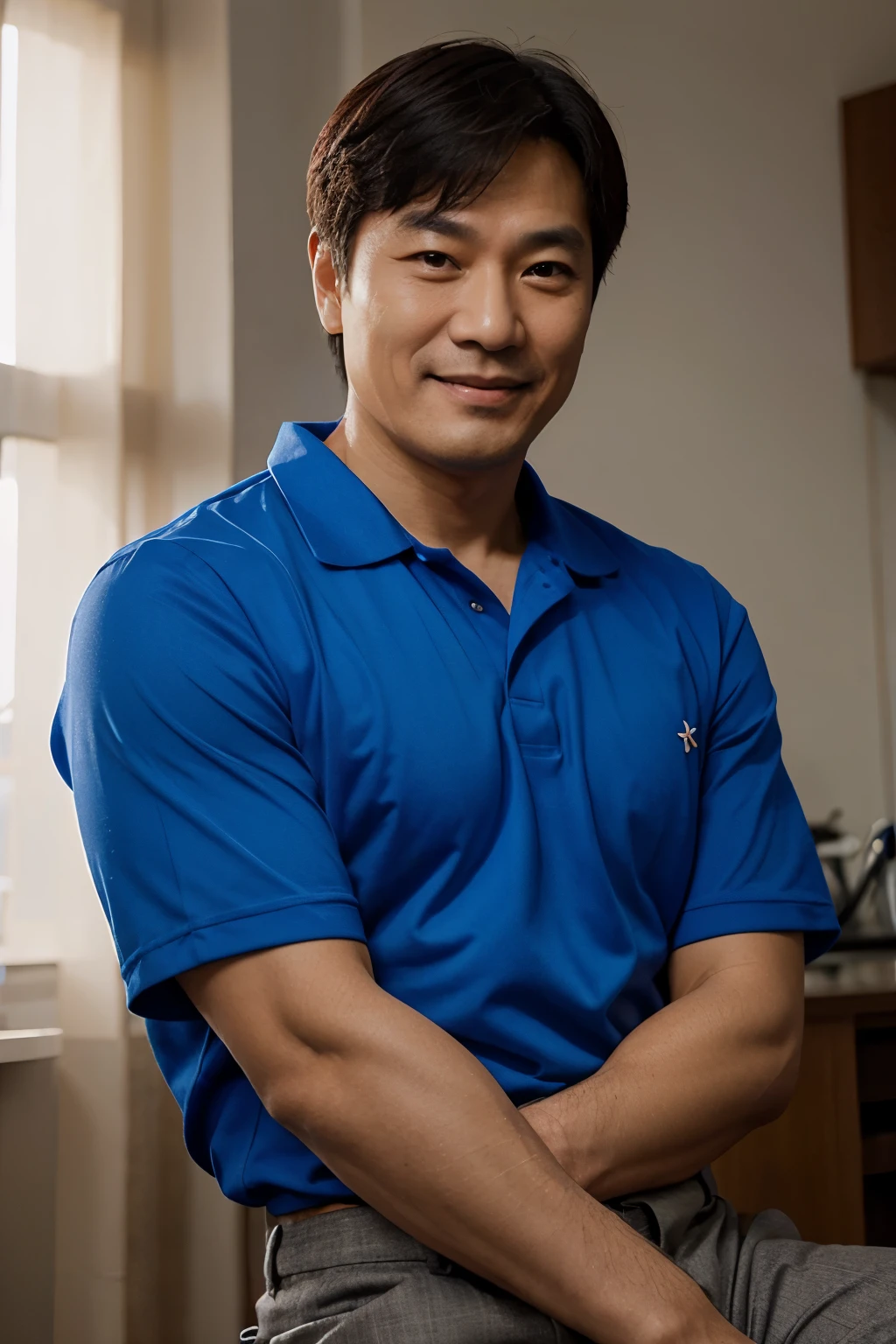 45-year-old Korean man, Upper body smiling with arms crossed forward, royal blue shirt, elaborate, bright, high resolution, Hyper-realistic, Advertising Photography