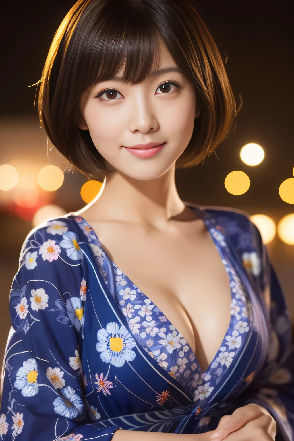 short cut hairstyle 、japanese woman、((masterpiece、highest quality、super fine、High resolution))、alone、beautiful girl、shining eyes、perfect eyes、Hakata yukata、cleavage、Beautiful sister of Japan、floral pattern yukata、fireworks at night on the background、High level image quality、4k.