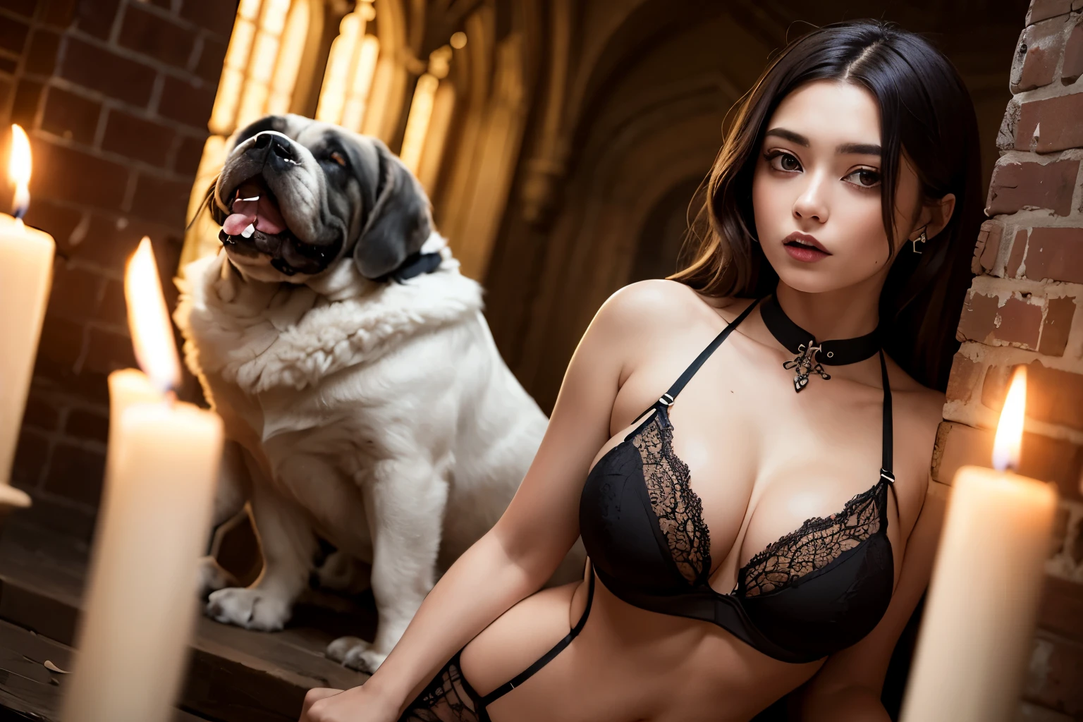 ((best quality)), ((masterpiece)), (detailed), perfect face, Gothic sexy girl with black transparent lingerie and big mastiff dog walking inside the Gothic dungeon of her luxury palace,lit with maroon candles.