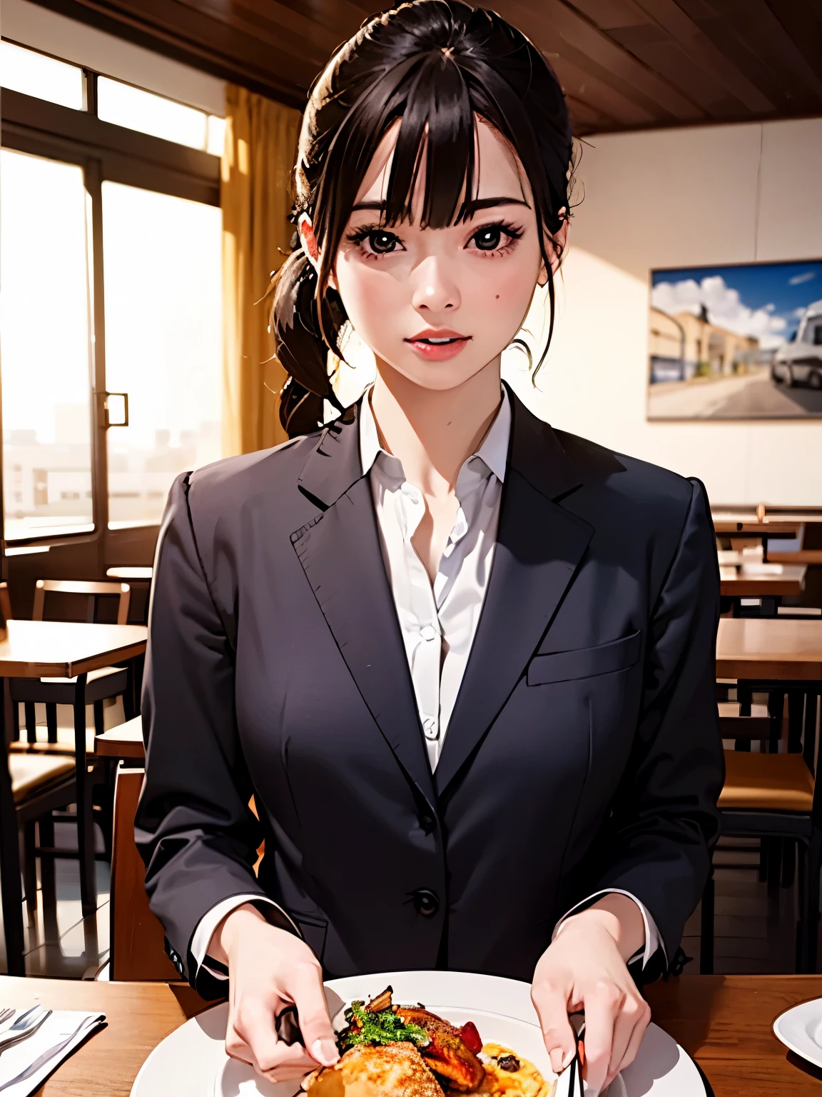 ((At SFW)), (highest quality、4k、8k、High resolution、masterpiece: 1.2)、Super detailed、(real、photorealistic、photorealistic: 1.37)、Girl in short ponytail lying at a restaurant table in formal suit, clear eyes, perfect body, (look down at the viewer:0.8), (Pueros face_v1:0.2), removed sleeve, open your mouth, bangs, 1 girl, shiny skin, (masterpiece;1.0), (realistic:1.4), (sharp focus:1.2),