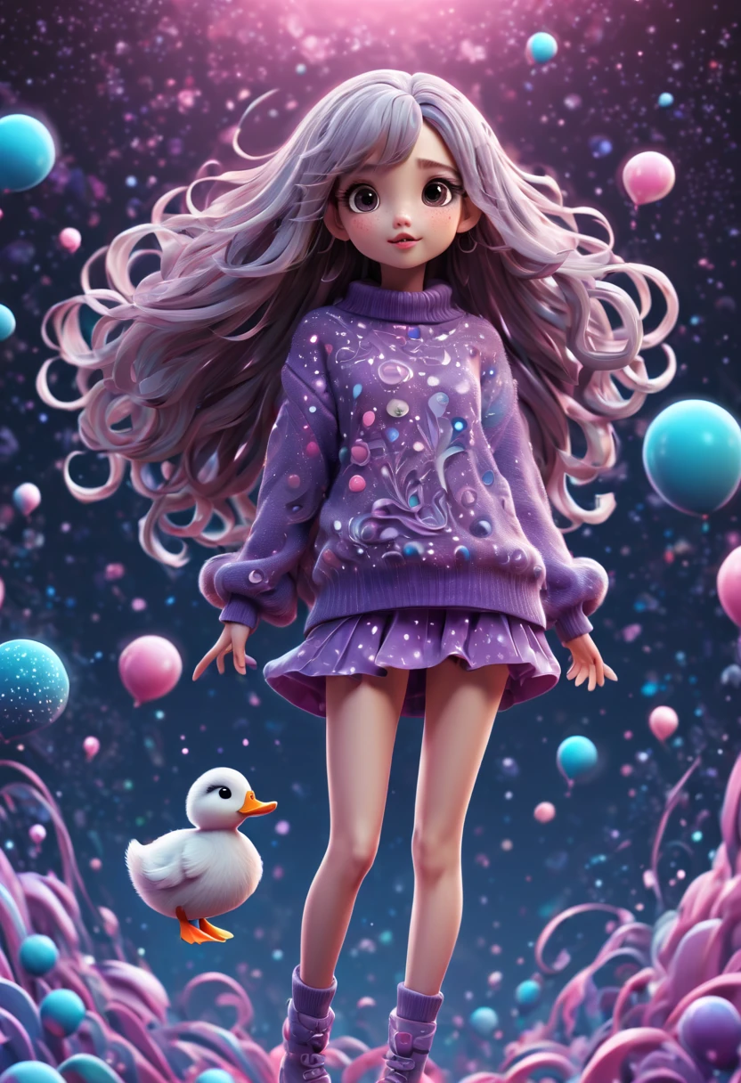 (best quality, highres, ultra sharp), (magical cute girl:1.2). Standing, (Full body:1.1) view, (long legs:1.1), shoes, magical style, standing, long neck, large head, (exaggerated hair:1.1), (fluffy hair:1.1), (expanded hair:1.2), small freckles, exaggerated expression, surreal, duck egg purple sweater with small dots, details, horsehair, fluffy, socks, magic background, hand-drawn style,pencil drawing,cute, flowing lines, clean and crisp outlines, clean composition, zentangle hair style, art deco, zentangle, 3d crunch, cinematic,
