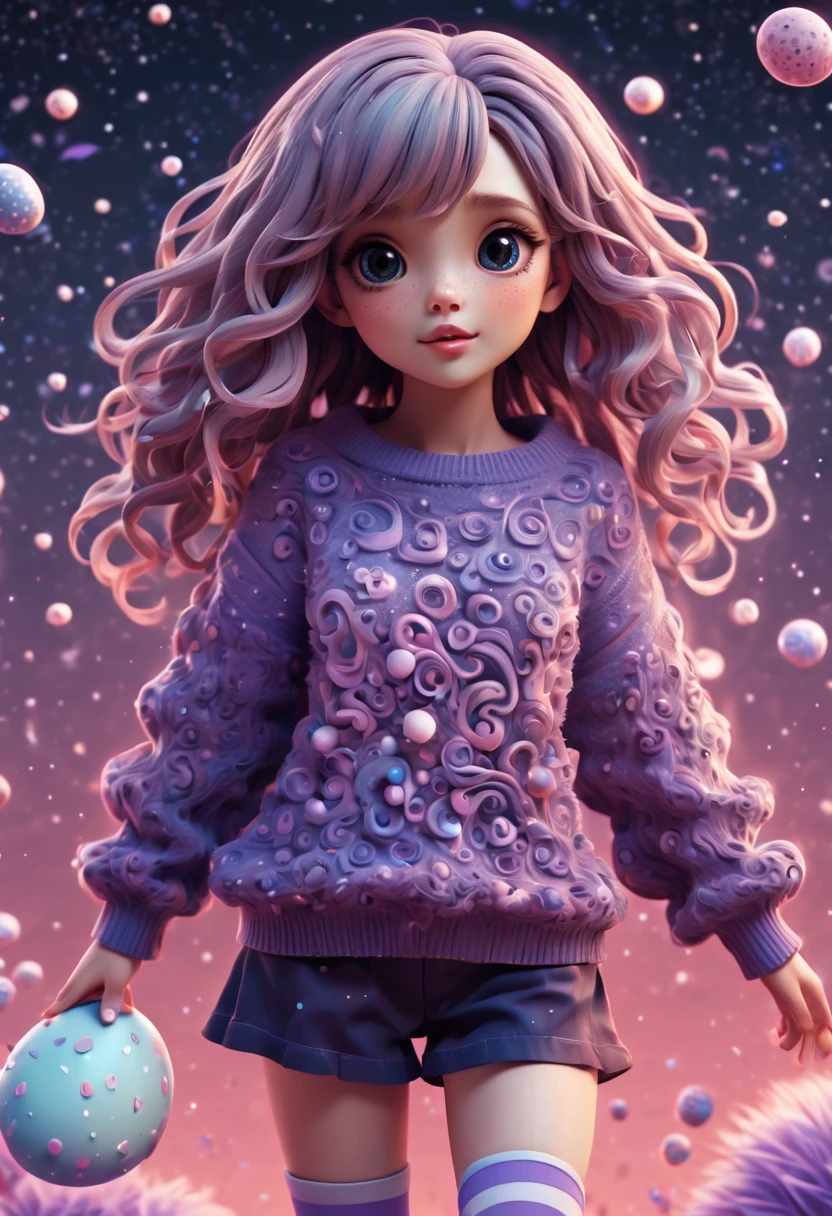 (best quality, highres, ultra sharp), (magical cute girl:1.2). Standing, (Full body:1.1) view, (long legs:1.1), shoes, magical style, standing, long neck, large head, (exaggerated hair:1.1), (fluffy hair:1.1), (expanded hair:1.2), small freckles, exaggerated expression, surreal, duck egg purple sweater with small dots, details, horsehair, fluffy, socks, magic background, hand-drawn style,pencil drawing,cute, flowing lines, clean and crisp outlines, clean composition, zentangle hair style, art deco, zentangle, 3d crunch, cinematic,