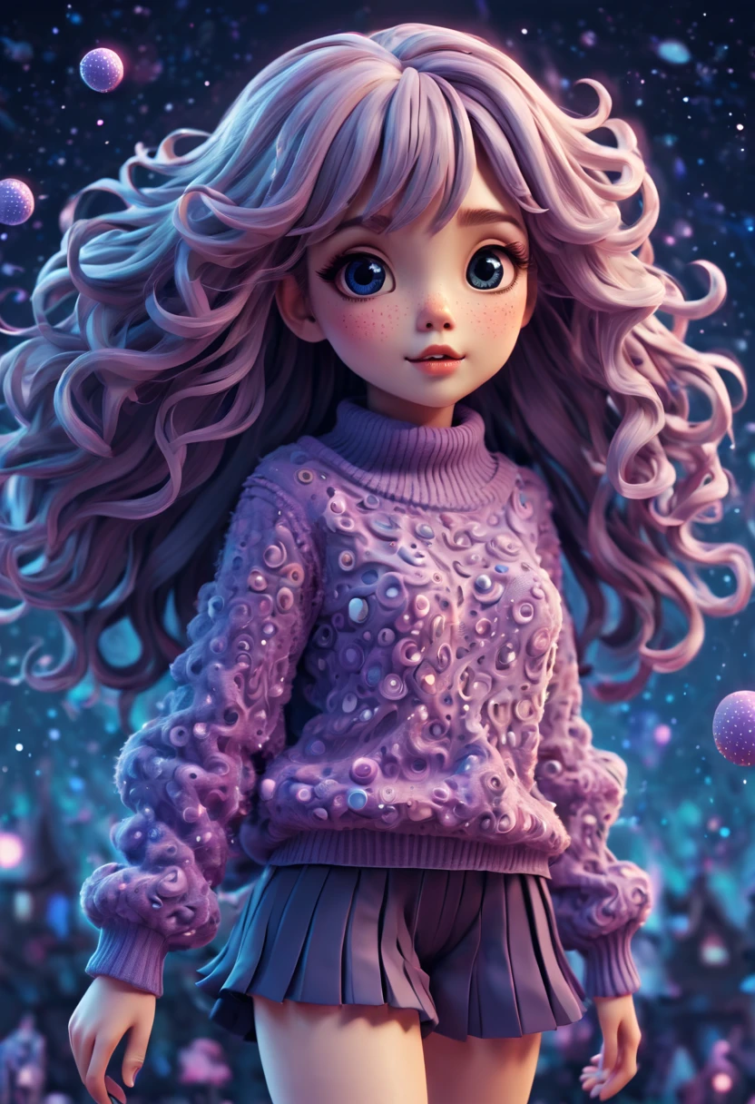 (best quality, highres, ultra sharp), (magical cute girl:1.2). Standing, (Full body:1.1) view, (long legs:1.1), shoes, magical style, standing, long neck, large head, (exaggerated hair:1.1), (fluffy hair:1.1), (expanded hair:1.2), small freckles, exaggerated expression, surreal, duck egg purple sweater with small dots, details, horsehair, fluffy, socks, magic background, hand-drawn style,pencil drawing,cute, flowing lines, clean and crisp outlines, clean composition, zentangle hair style, art deco, zentangle, 3d crunch, cinematic,