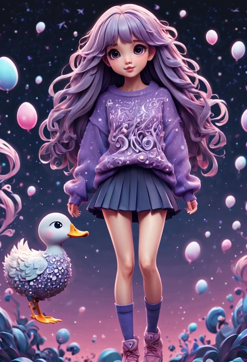 (best quality, highres, ultra sharp), (magical cute girl:1.2). Standing, (Full body:1.1) view, (long legs:1.1), shoes, magical style, standing, long neck, large head, (exaggerated hair:1.1), (fluffy hair:1.1), (expanded hair:1.2), small freckles, exaggerated expression, surreal, duck egg purple sweater with small dots, details, horsehair, fluffy, socks, magic background, hand-drawn style,pencil drawing,cute, flowing lines, clean and crisp outlines, clean composition, zentangle hair style, art deco, zentangle, 3d crunch, cinematic,