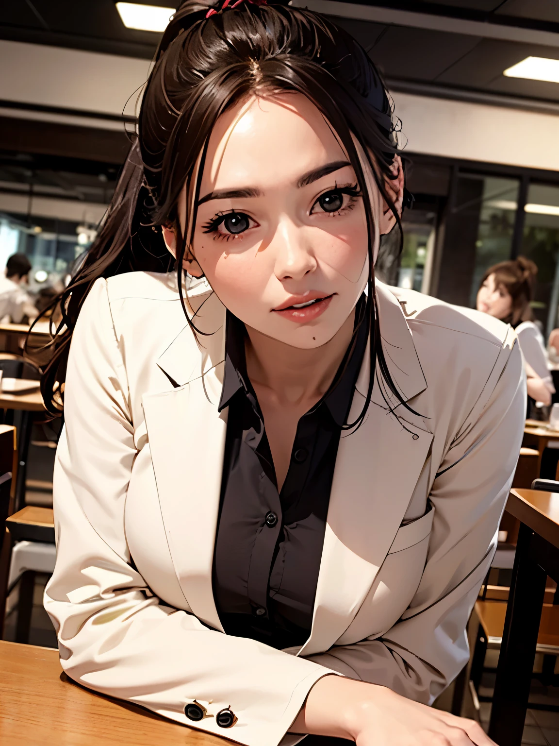 ((At SFW)), (highest quality、4k、8k、High resolution、masterpiece: 1.2)、Super detailed、(real、photorealistic、photorealistic: 1.37)、Girl in short ponytail lying at a restaurant table in formal suit, clear eyes, perfect body, (look down at the viewer:0.8), (Pueros face_v1:0.2), removed sleeve, open your mouth, bangs, 1 girl, shiny skin, (masterpiece;1.0), (realistic:1.4), (sharp focus:1.2),