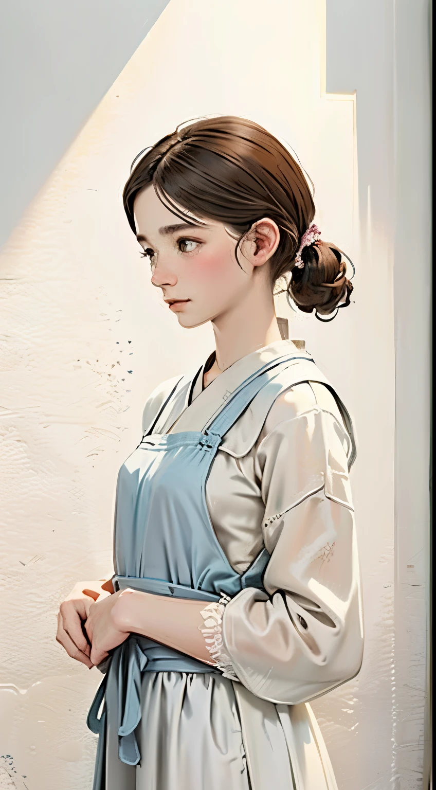 (((simple composition)))、(((The background is a white wall:1.2)))、one girl、perfect anatomy、painterly、sketch、very delicate、wall with cloud-like pattern、、Floral、delicate depiction、Abstract、overall light color、gentle color、Taisho romance、(masterpiece、highest quality、highest quality、official art、beautiful beautiful:1.2)、