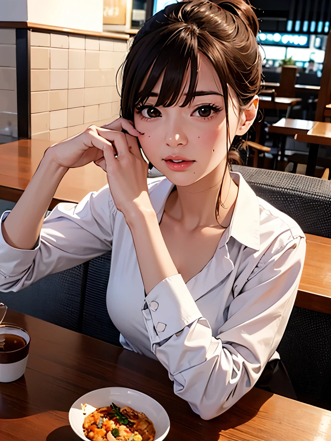 ((At SFW)), (highest quality、4k、8k、High resolution、masterpiece: 1.2)、Super detailed、(real、photorealistic、photorealistic: 1.37)、Girl in short ponytail lying at a restaurant table in formal suit, clear eyes, perfect body, (look down at the viewer:0.8), (Pueros face_v1:0.2), removed sleeve, open your mouth, bangs, 1 girl, shiny skin, (masterpiece;1.0), (realistic:1.4), (sharp focus:1.2),