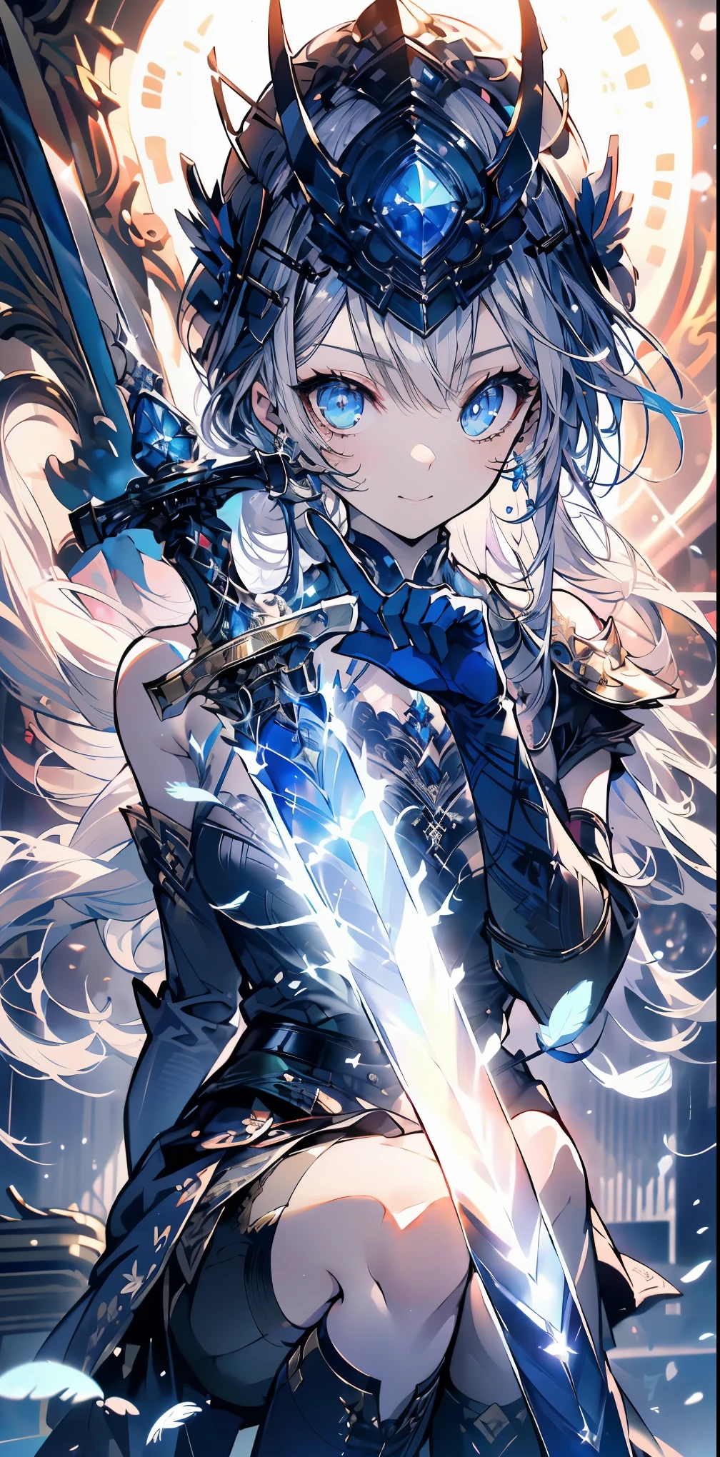 (official art、best quality、Unity 8k wallpaper、32k、Masterpiece、Super detailed、ultra high resolution、realistic、Realism、very funny:1.2)、(Cinema lighting:1.2)、fire effect、film particles、best shade、edge lighting、side lights、(Super detailed且复杂的 3D 渲染)、细致beautiful face庞和眼睛、sharp pupils、realistic学生、A slender one、1man woman、medium bust、(whole body:1.2)、 beautiful face、16 year old beautiful girl、(Super fine skin、Detailed skin texture:1.3)、(silver blonde、Blue-silver hair:1.3)、Paladin、long hair、blunt bangs、green eyes、3 braids 1 bundle、(blue armor、blue boots、Blue helmet、set with precious stones、gold embroidery)、A slender one、long skirt、(thighs thighs thighs thighs:0.8)、(Chis、in the house、Stained glass of art、Large pipe organ、Hello、mystery、A lot of feathers floating、angelic、light particles、serious、Sunshine is、Colorful、fantastic:1.2)、(fantastic:1.3)、(Holding the Holy Sword:1.4)、fantastic、smile smile
