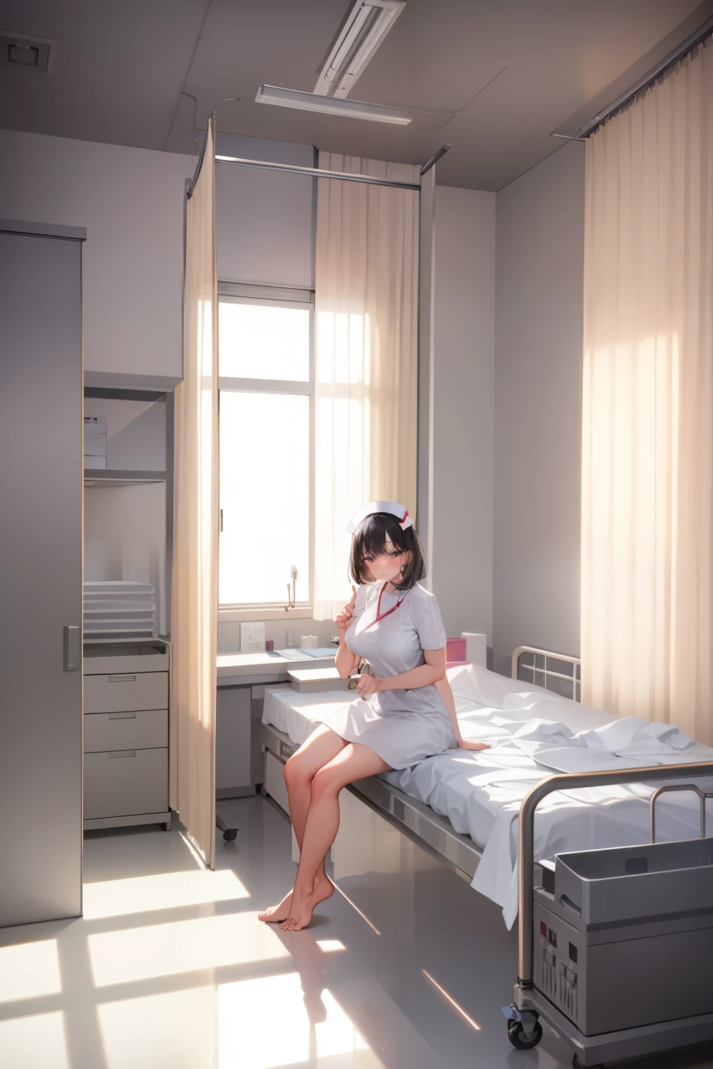 infirmary, curtains, 1girl, nurse, white dress,, masterpiece, best quality, highly detailed