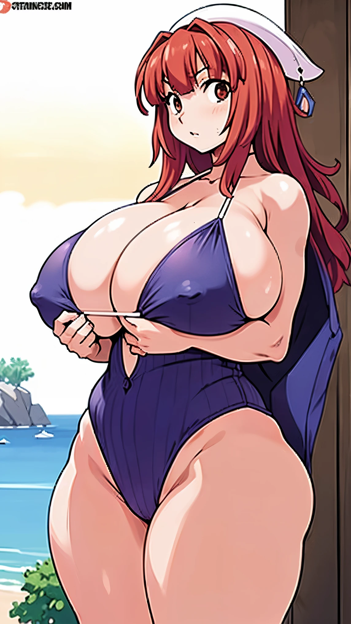 masterpiece、high quality、high resolution、nsfw,Undressing,take off bikini,take off clothes,nipple,anime,anime style,bikini,((heavy breasts,super gigantic breasts)),thick thighs,wide hip,beach,sexy pose,bewitching look