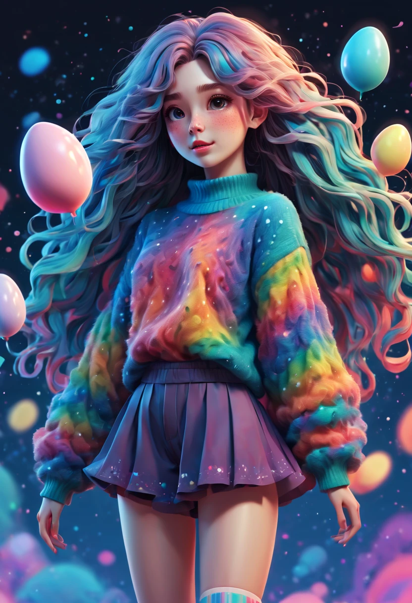 (best quality, highres, ultra sharp), (magical cute girl:1.2). Standing, (Full body:1.1) view, (long legs:1.1), shoes, magical style, standing, long neck, large head, (exaggerated hair:1.1), (fluffy hair:1.1), (expanded hair:1.2), small freckles, exaggerated expression, surreal, duck egg full color palete, raimbow sweater with small dots, details, horsehair, fluffy, socks, magic background, hand-drawn style,pencil drawing,cute, flowing lines, clean and crisp outlines, clean composition, zentangle hair style, art deco, zentangle, 3d crunch, cinematic,