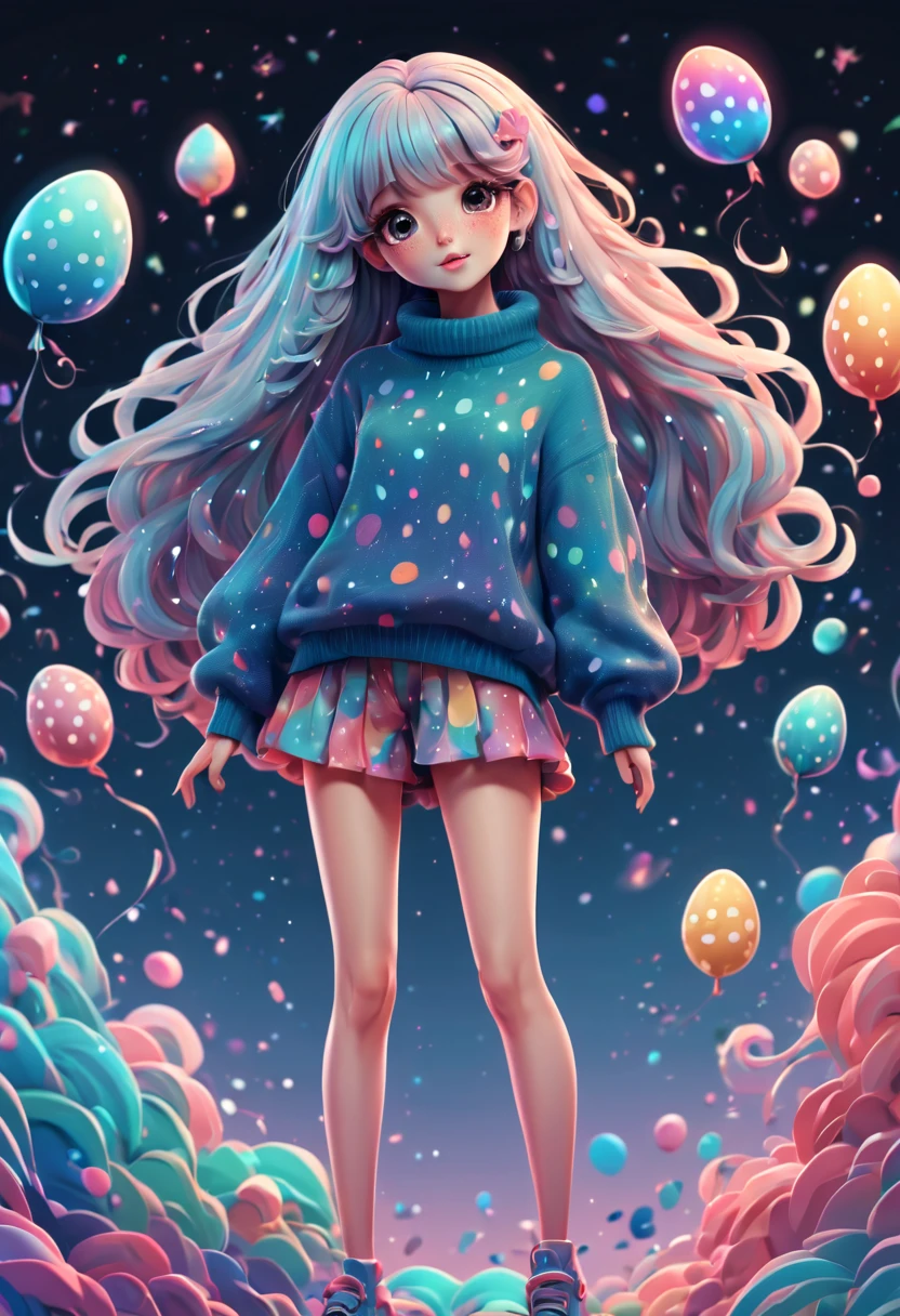 (best quality, highres, ultra sharp), (magical cute girl:1.2). Standing, (Full body:1.1) view, (long legs:1.1), shoes, magical style, standing, long neck, large head, (exaggerated hair:1.1), (fluffy hair:1.1), (expanded hair:1.2), small freckles, exaggerated expression, surreal, duck egg full color palete, raimbow sweater with small dots, details, horsehair, fluffy, socks, magic background, hand-drawn style,pencil drawing,cute, flowing lines, clean and crisp outlines, clean composition, zentangle hair style, art deco, zentangle, 3d crunch, cinematic,