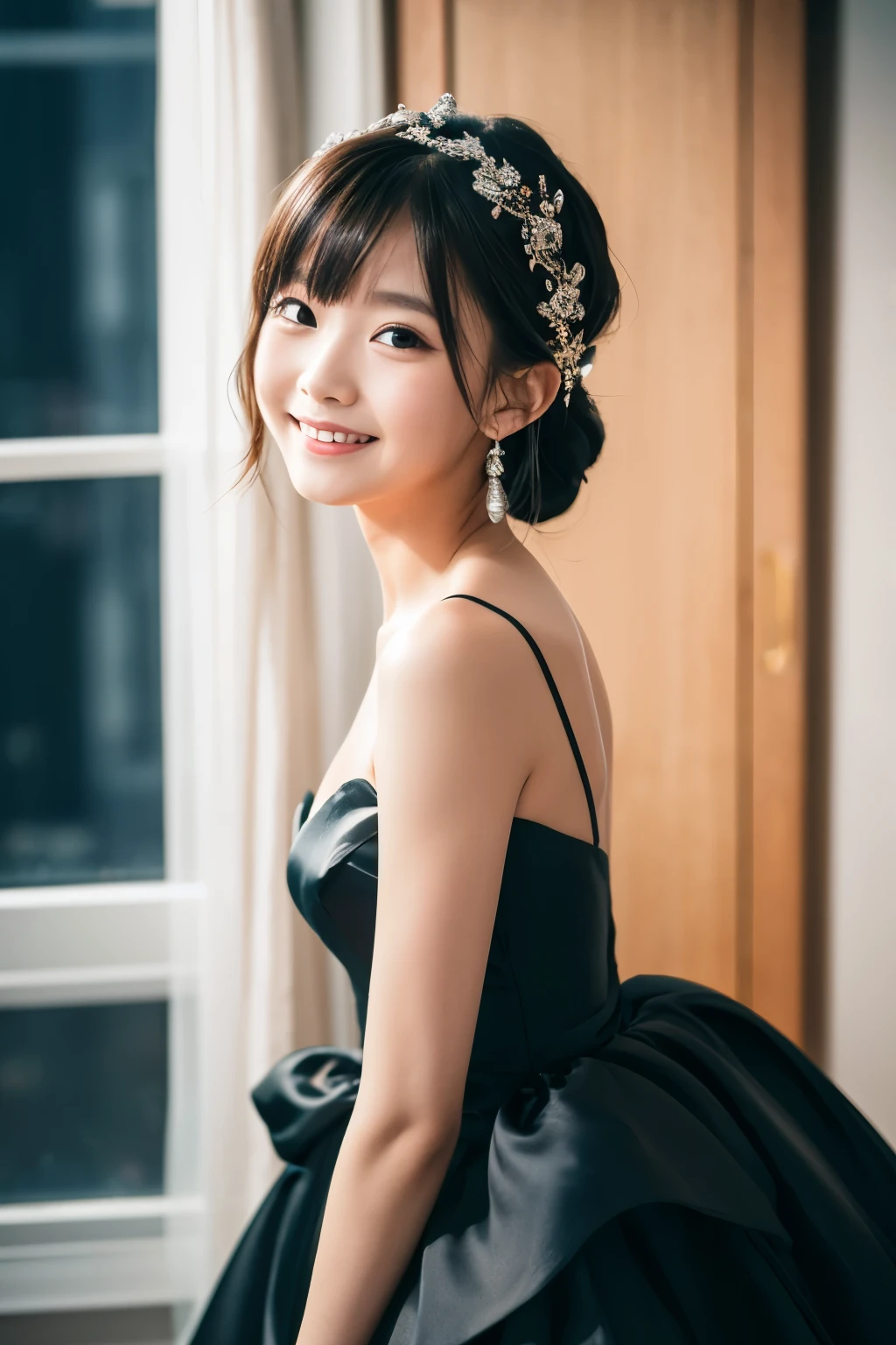 highest quality, 8K,Ten generations,ten year old student,main room at night,,RAW photo, absurd, award-winning portraits, smile, alone, idol face, violaces, delicate girl,looking at the viewer, Frank, Sophisticated,thin arms, professional lighting, film grain, chromatic aberration, (Eye and face details:1.0), (Bokeh:1.1) , black silk wedding dress,