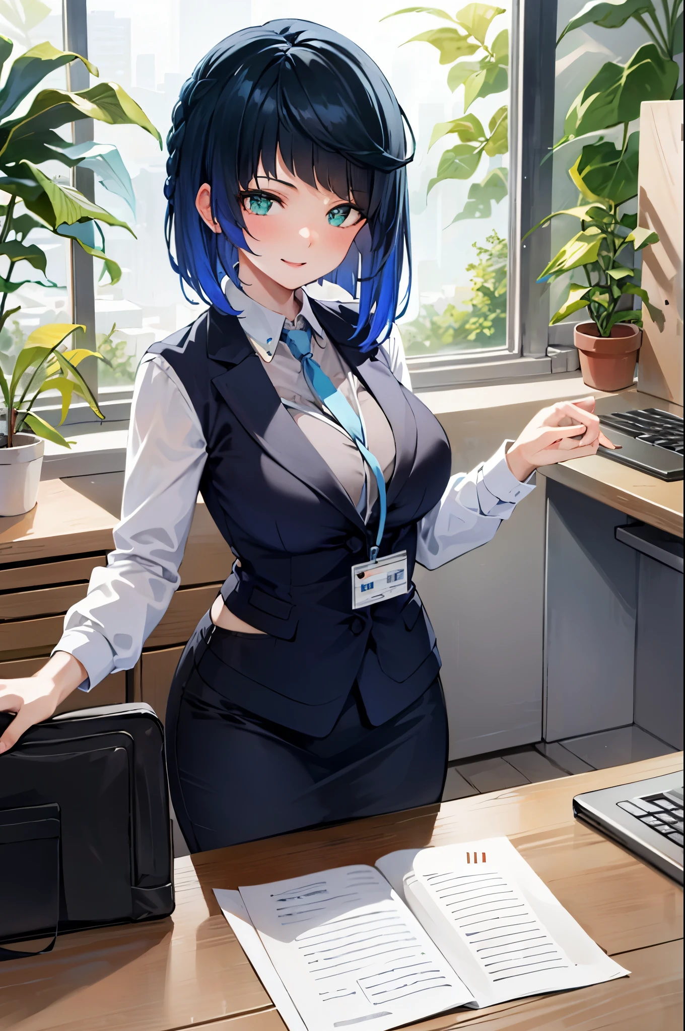 ((masterpiece, best quality)), (1girl),((mature female)), blue hair, ((office lady )),bangs,middle breast,(busty),slim,smile, [wide hips],office, work at the computer