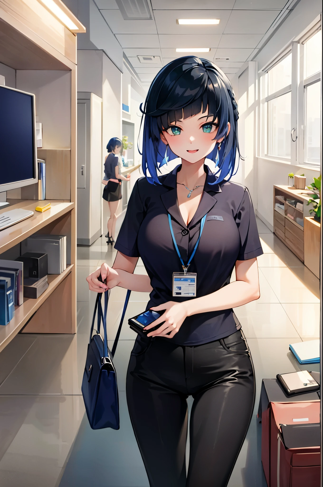 ((masterpiece, best quality)), (1girl),((mature female)), blue hair, ((office lady )),bangs,middle breast,(busty),slim,smile, [wide hips],office, work at the computer