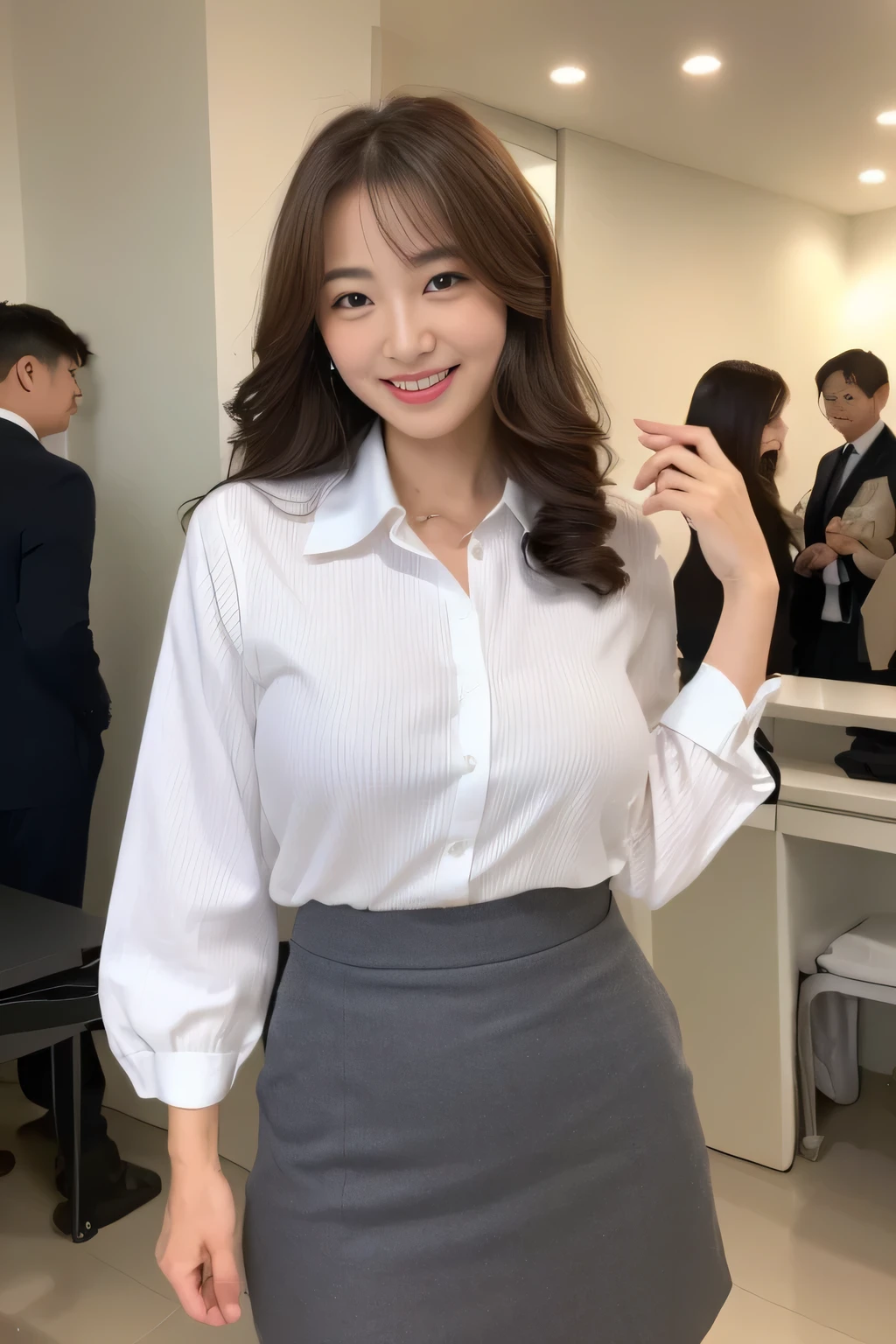 highest quality。8K-Picture。RAW photo、masterpiece、realistic、photo realistic、random、Bewitching、(mature woman)。mature woman彫刻アイドル。beautiful woman with perfect style。she'She's thin but her breasts are big。The charm of the gap。married woman、48 years old、soft roundness of the chest、Delicate and accurate facial features、realistic背景、big and full breasts、sexy lips、sensual smile、。light brown hair。(big breasts:1.4)。cute eyes。double eyelid。for a long time, wavy hair。((office lady、suit、black gray outerwear、skirt、suitと白いシャツを着て写真を撮ります。))。(The fate of gravure idols、big breasts:1.4)。subtle smile or shy。