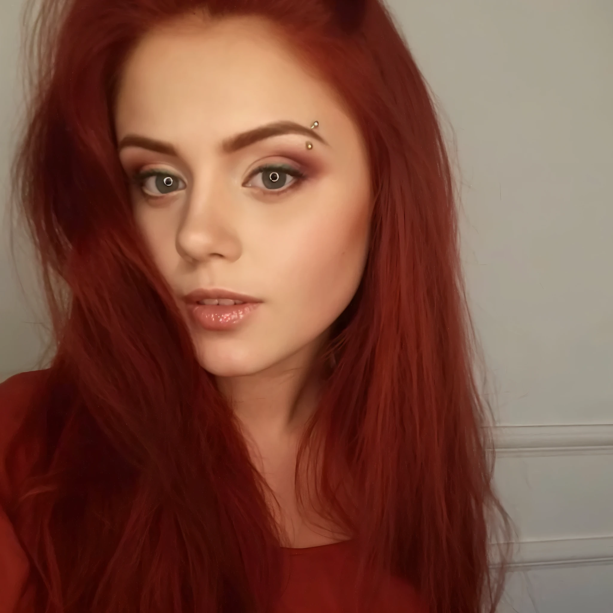 a woman, best quality, hazel eyes, middle part long auburn hair, torso head picture, red clothes, nikon d850 film stock photograph 4 kodak 400 camera f1.6 lens rich colors hyper realistic lifelike texture natural lighting trending on artstation cinestill 800, (100mm lens), mature face