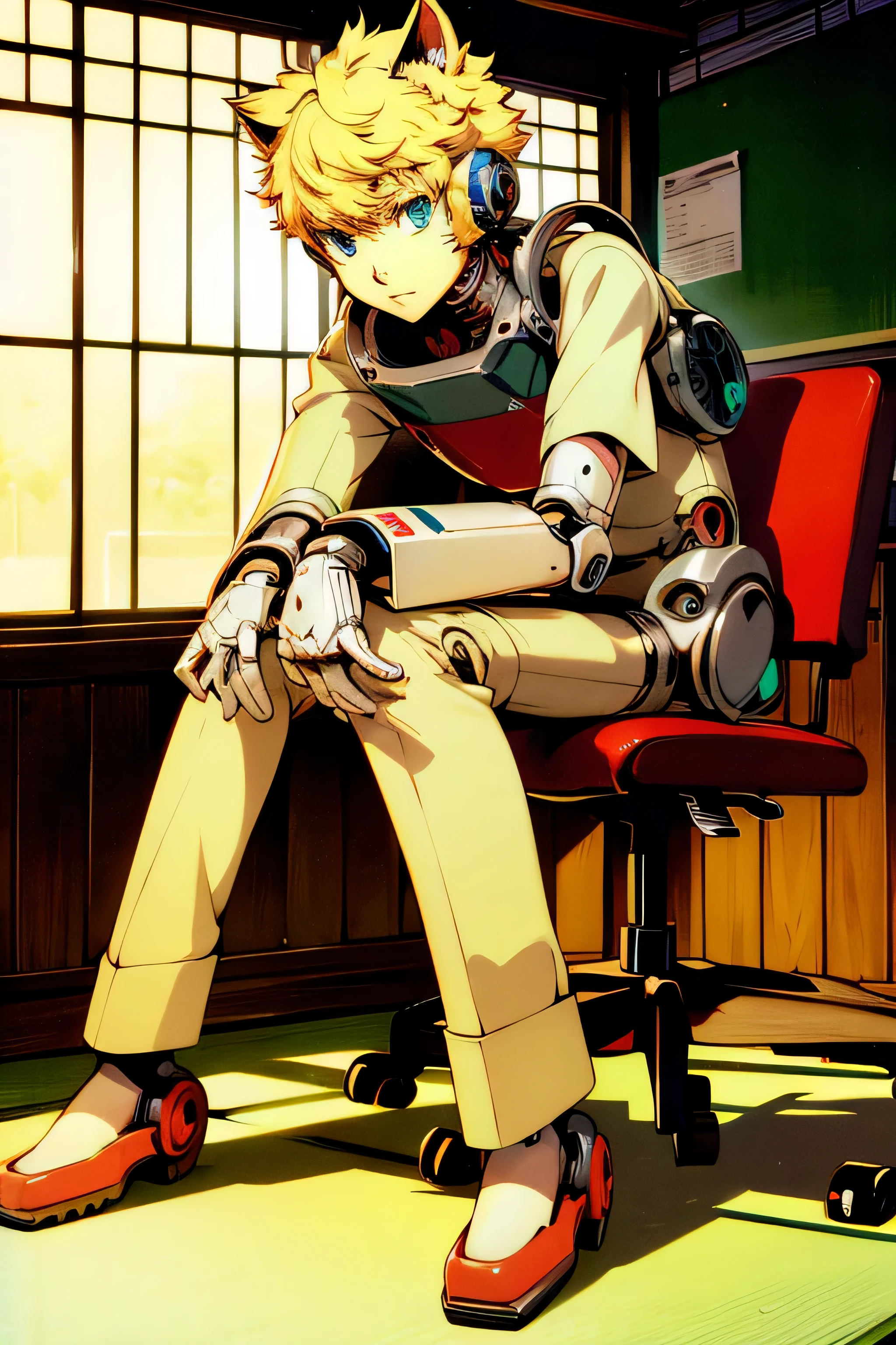 de anime de cabelos loiros, alto tech, roupas escolares, orelhas de gato, Cybernetic robot, alto, Sozinho, em uma escola japonesa, cascos. Messy hair