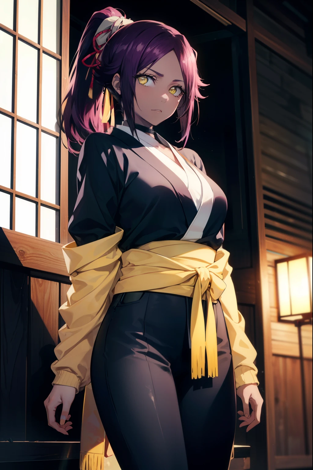 yoruichishihouin, yoruichi shihouin, long hair, (yellow eyes:1.5), ponytail, purple hair, black skin, 浅black skinの女性,ninja costume,Shinocho pants,short boots,put one hand on your waist,
break outdoors,ビルの屋上
break looking at viewer, (cowboy shot:1.5),
break (masterpiece:1.2), highest quality, High resolution, unity 8k wallpaper, (figure:0.8), (detailed and beautiful eyes:1.6), highly detailed face, perfect lighting, Very detailed CG, (perfect hands, perfect anatomy),