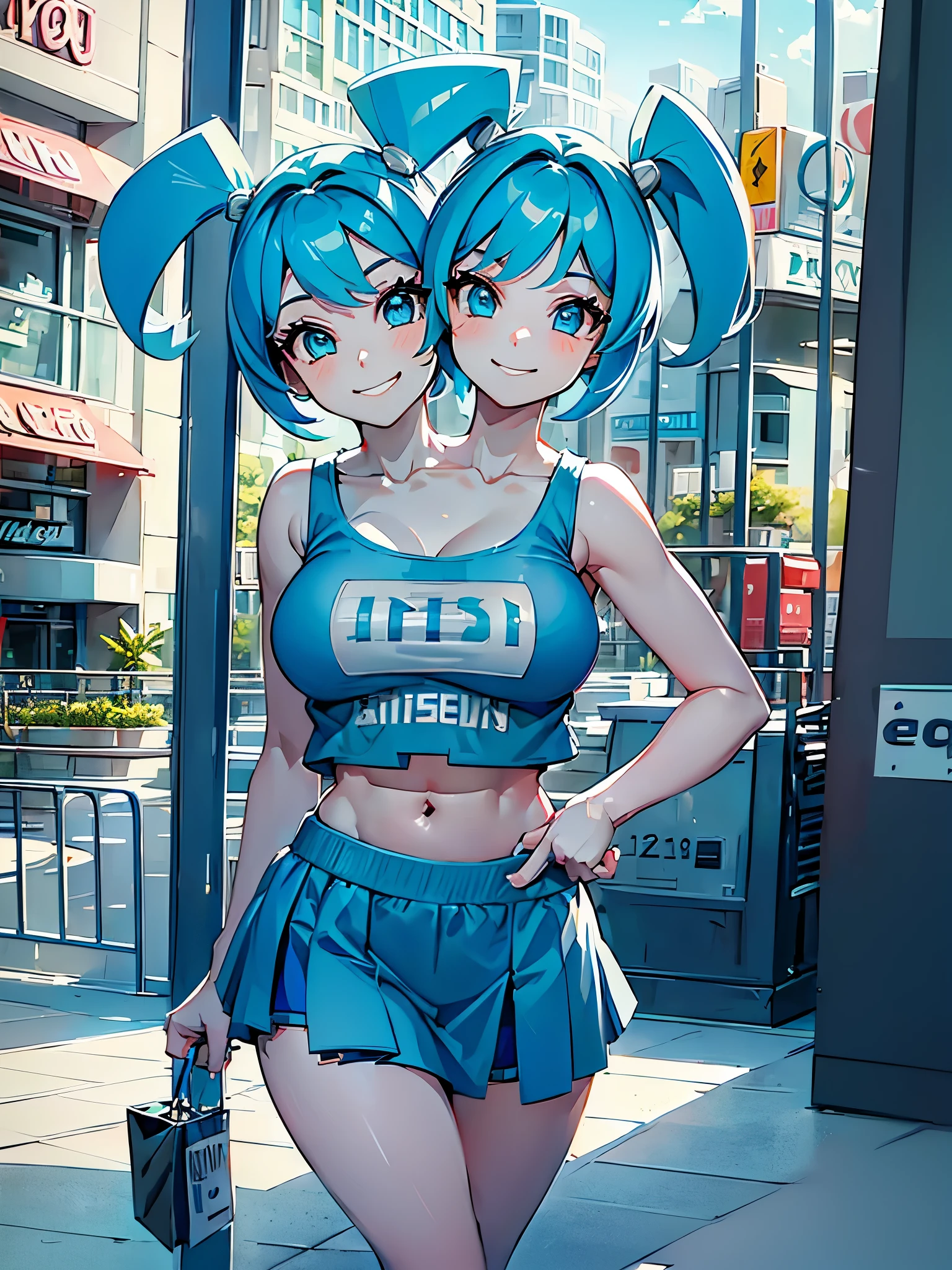 (masterpiece, best quality), best resolution, (2heads:1.5), 1girl, Jenny(XJ9) cosplay, android, blue hair, twin tails, blue tank top, blue skirt, sports bra, casual wear, smiling, exposed midriff, city background, shopping mall