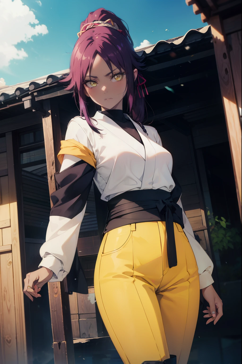 yoruichishihouin, yoruichi shihouin, long hair, (yellow eyes:1.5), ponytail, purple hair, black skin, 浅black skinの女性,ninja costume,Shinocho pants,short boots,put one hand on your waist,
break outdoors,ビルの屋上
break looking at viewer, (cowboy shot:1.5),
break (masterpiece:1.2), highest quality, High resolution, unity 8k wallpaper, (figure:0.8), (detailed and beautiful eyes:1.6), highly detailed face, perfect lighting, Very detailed CG, (perfect hands, perfect anatomy),