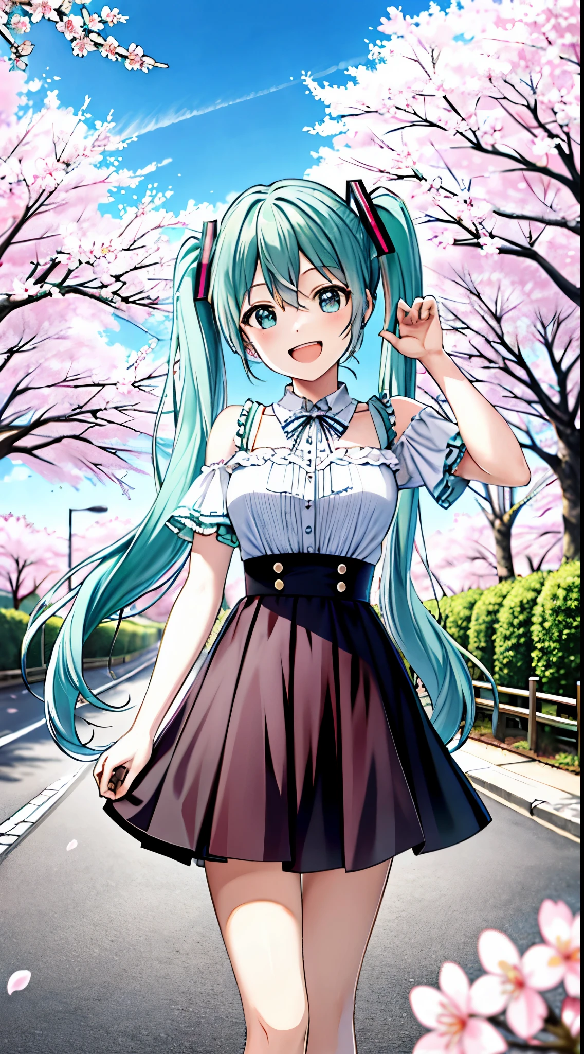 masterpiece, highest quality, High resolution, alone, Hatsune Miku, cowboy shot, laughter, open your mouth,pretty face, A road lined with cherry blossom trees in full bloom、空を見上げる