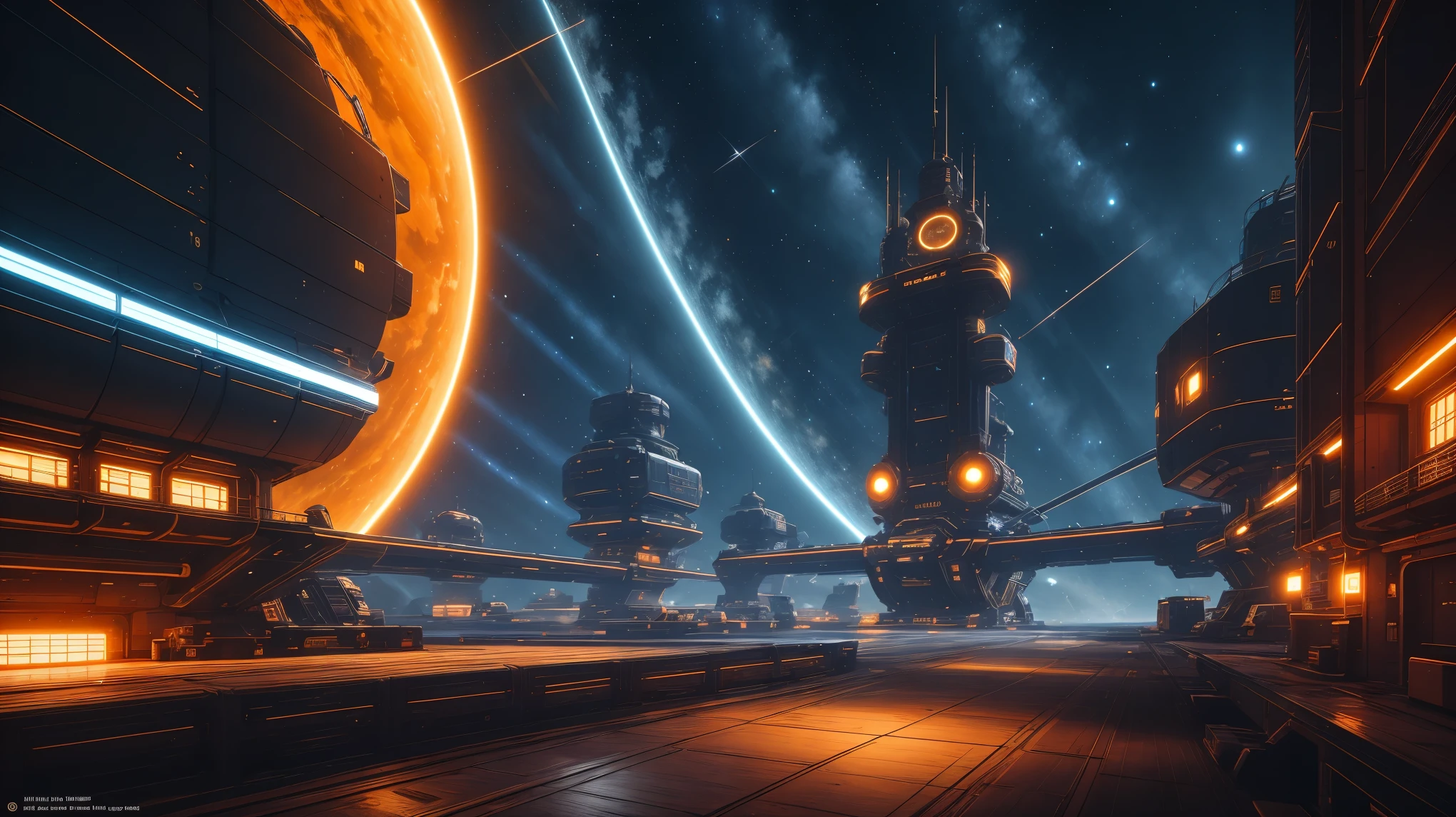 COMG3O，(a large, majestic, highly detailed spaceship),(best quality,highres,masterpiece:1.2),sci-fi,star destroyer,expansive universe,galactic battle,vivid colors,dark background,studio lighting,realistic,photorealistic:1.37,yellow and blue color scheme,laser cannons,stalled sky,iconic spaceship design,epic space battle,imposing presence,interstellar warfare,cosmic setting,sharp focus,huge engines,metallic hull,detailed lighting effects,sleek and advanced technology,dramatic composition,jaw-dropping visual impact,thrilling space adventure,atmospheric perspective.