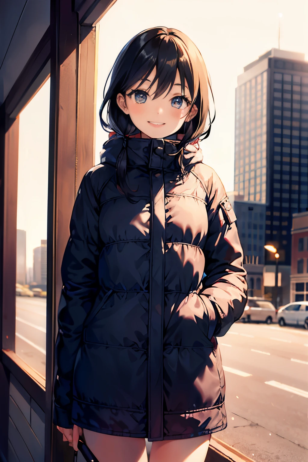 (morning), 1 girl, alone, looking at the viewer, winter, cowboy shot, (downtown), cowboy shot, smile, black hair