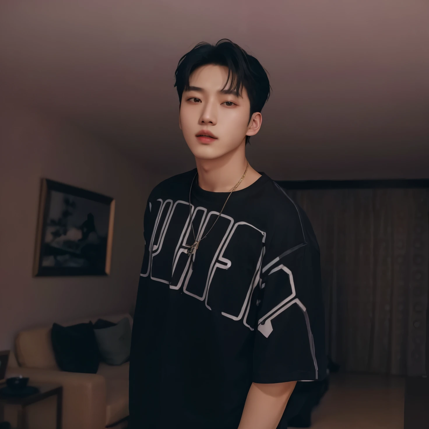 Man in black shirt standing in living room, Cai Xukun, Jungkook, hyung tae, Jinyoung Shin, inspirado em Bian Shoumin, oficial, Hong junho hyung, taejune kim, inspirado em jeonseok lee, Yanjun Chengt, he is wearing a black t-shirt, Shin Jeongho, artista coreano