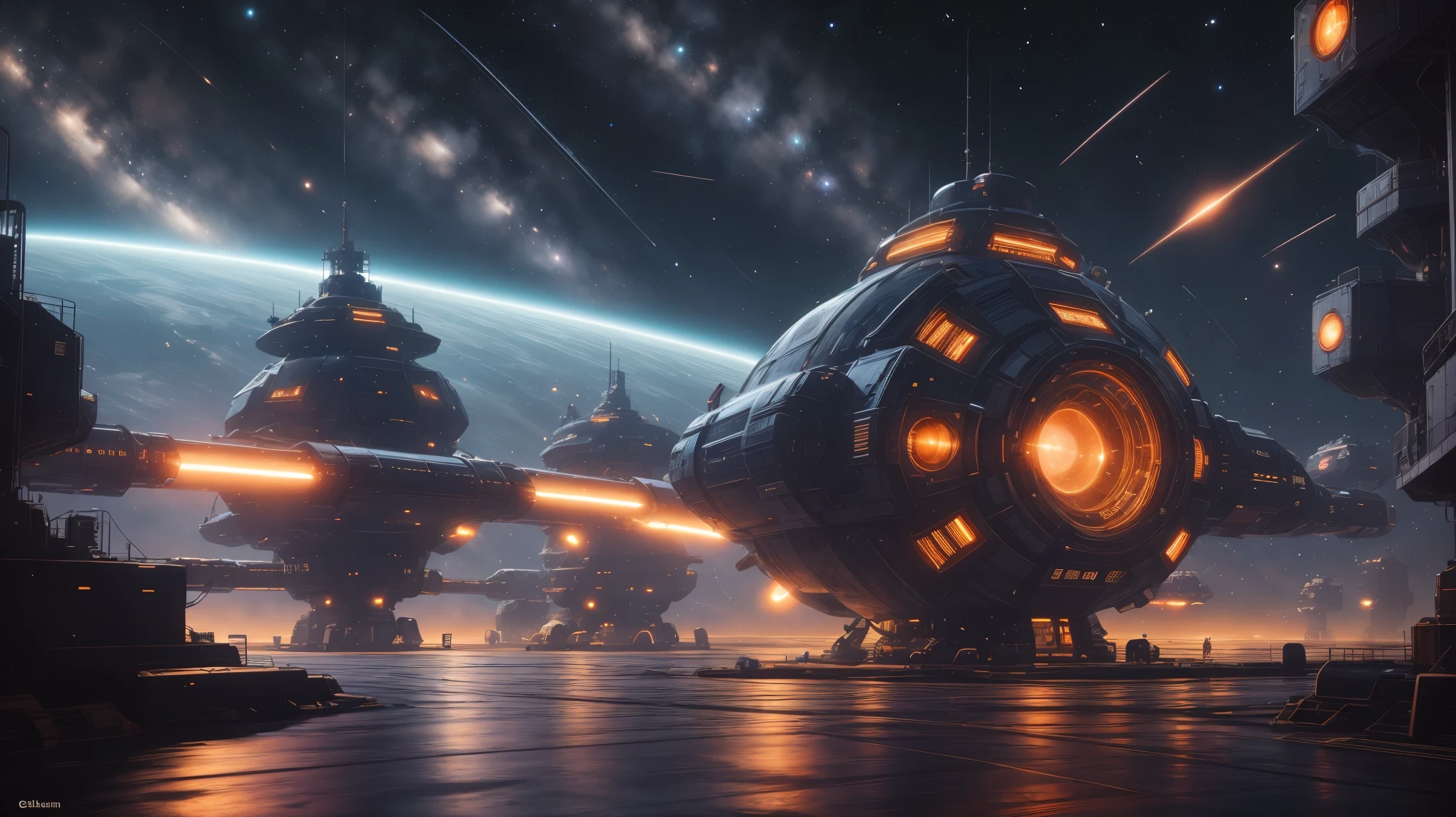 COMG3O,An interstellar battleship, a spaceship, (best quality, 4k,highres,masterpiece:1.2), ultra-detailed, (realistic,photorealistic:1.37), HDR, UHD, studio lighting, extreme detail description, professional, sci-fi, sharp focus, physically-based rendering, intense colors, futuristic design, sleek and shiny exterior, advanced propulsion system, glowing thrusters, massive in size, bustling with crew members, sophisticated navigation panel, holographic displays, space debris floating in the background, vibrant nebulae and distant stars, illuminated control room, smooth metallic surfaces, gleaming windows, powerful energy shields, tense atmosphere, high-tech weaponry, advanced radar system, hovering in space, gracefully maneuvering through asteroids and meteor showers.
