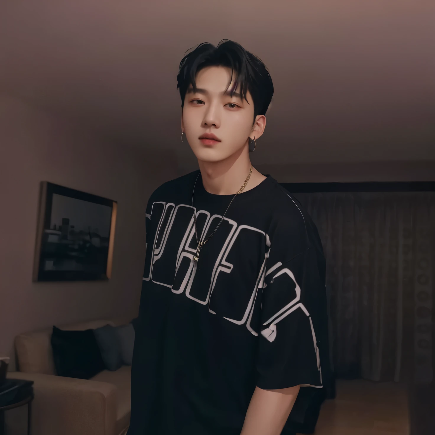 Man in black shirt standing in living room, Cai Xukun, Jungkook, hyung tae, Jinyoung Shin, inspirado em Bian Shoumin, oficial, Hong junho hyung, taejune kim, inspirado em jeonseok lee, Yanjun Chengt, he is wearing a black t-shirt, Shin Jeongho, artista coreano