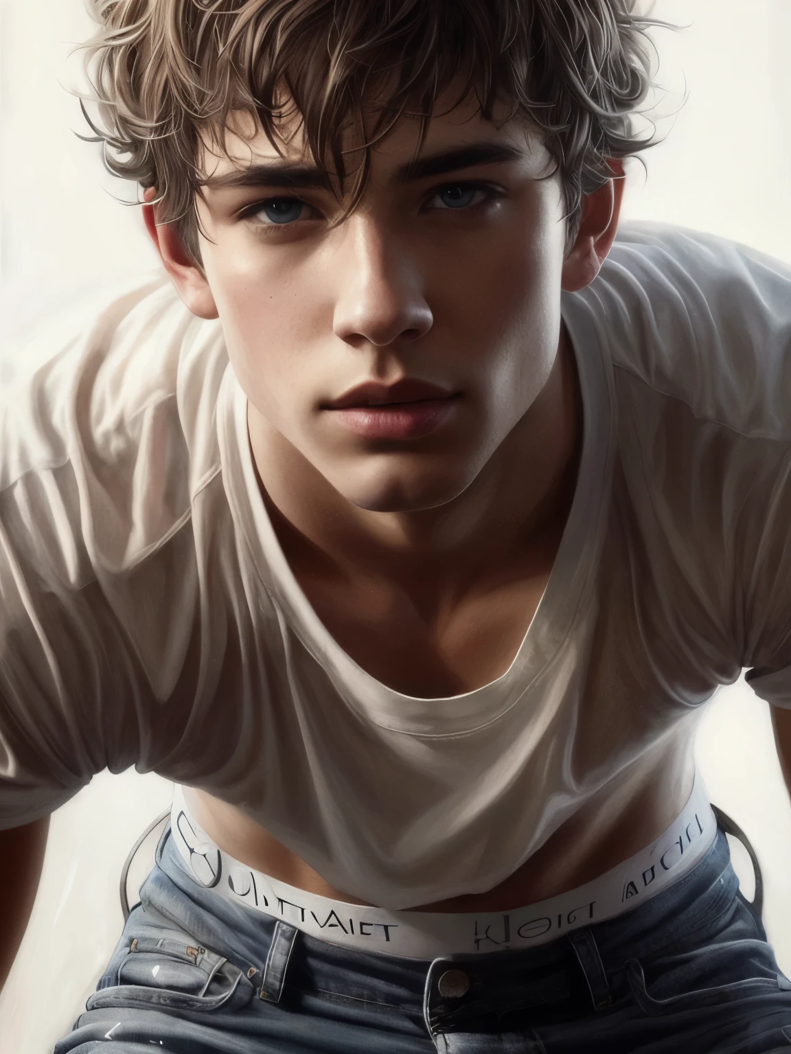 un primer plano de un hombre con una camisa blanca y jeans, fan art fotorrealista, hyperrealistic fantasy art, Pintura ilustrativa realista, ultra pintura digital realista, hyperpintura digital realista, Hyperrealistic illustration, arte digital altamente realista, hyper pintura digital realista, adolescente hiperrealista, arte digital ultra realista, guapo impresionante realista, pintura digital realista, hermosa pintura realista