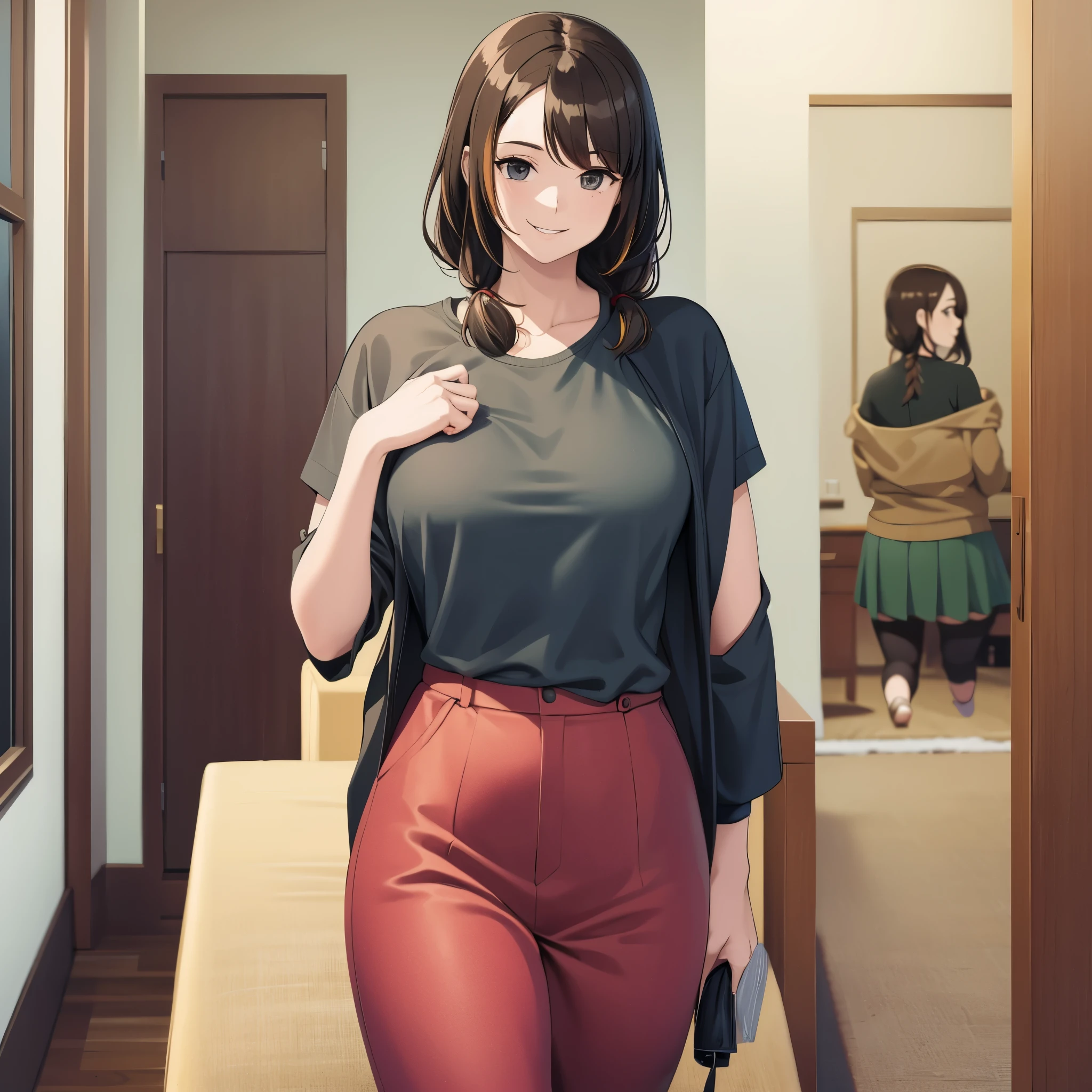 A woman in casual clothes in room, smile
