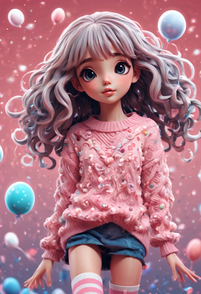 (best quality, highres, ultra sharp), (magical cute girl:1.2). Standing, (Full body:1.1) view, (long legs:1.1), shoes, magical style, standing, long neck, large head, (exaggerated hair:1.1), (fluffy hair:1.1), (expanded hair:1.2), small freckles, exaggerated expression, surreal, duck egg pink sweater with small dots, details, horsehair, fluffy, socks, magic background, hand-drawn style,pencil drawing,cute, flowing lines, clean and crisp outlines, clean composition, zentangle hair style, art deco, zentangle, 3d crunch, cinematic,