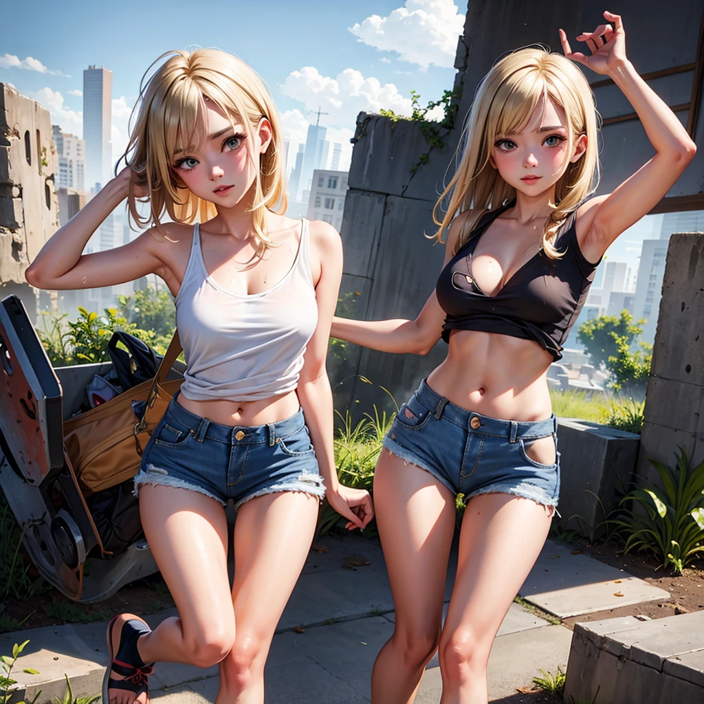 2076 year. The Urban Ruins of the Wasteland, Female huntress picking fruit in the garden, beautiful face, blonde, torn shirt and denim shorts ,  long legs, sweating through, sun rising, Nice warm colors, head to toe full body shot