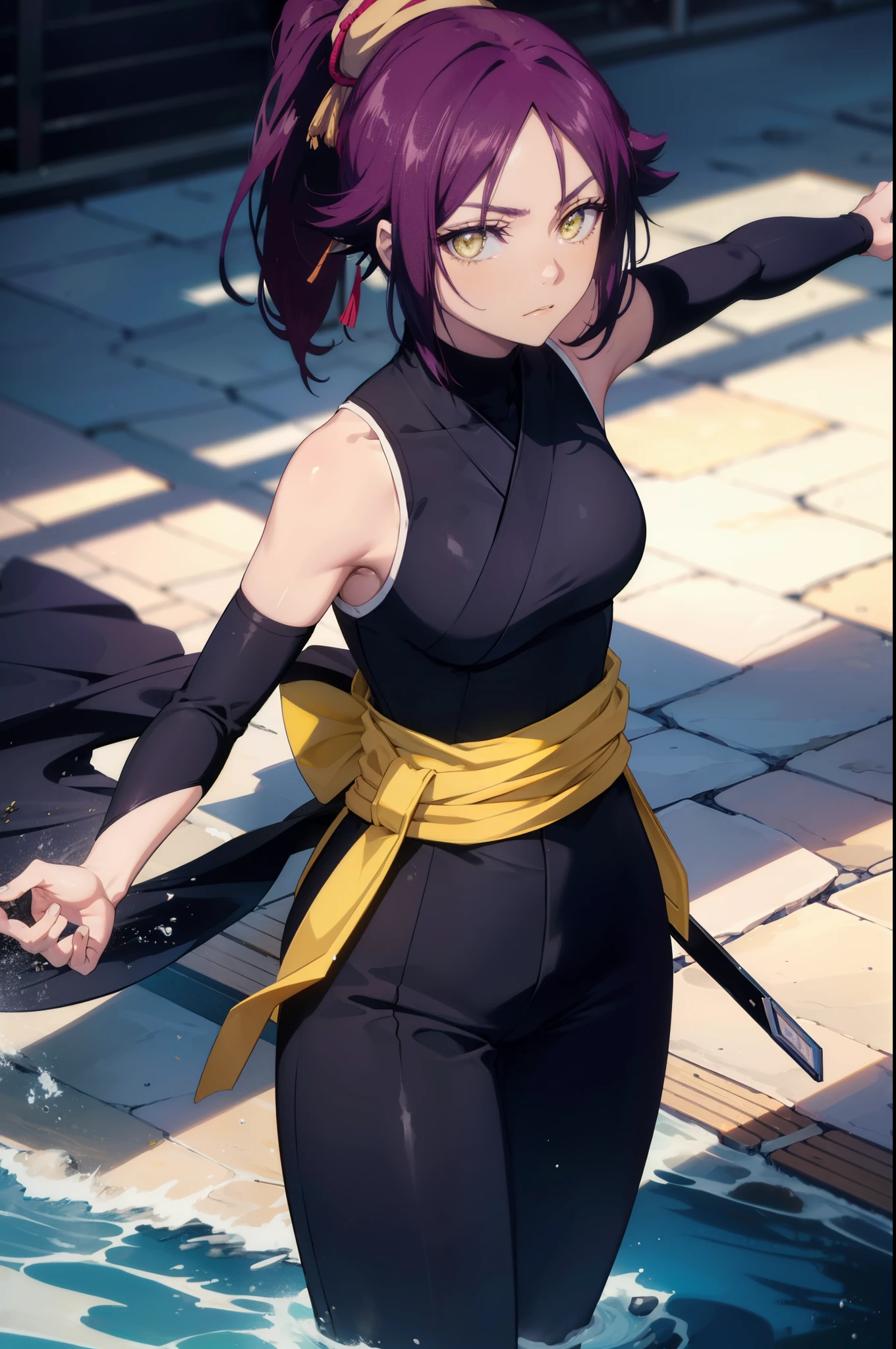 yoruichishihouin, yoruichi shihouin, long hair, (yellow eyes:1.5), ponytail, purple hair, black skin, 浅black skinの女性,black sleeveless ninja costume,black ninja pants,short boots,put one hand on your waist,
break outdoors,ビルの屋上
break looking at viewer, (cowboy shot:1.5),
break (masterpiece:1.2), highest quality, High resolution, unity 8k wallpaper, (figure:0.8), (detailed and beautiful eyes:1.6), highly detailed face, perfect lighting, Very detailed CG, (perfect hands, perfect anatomy),